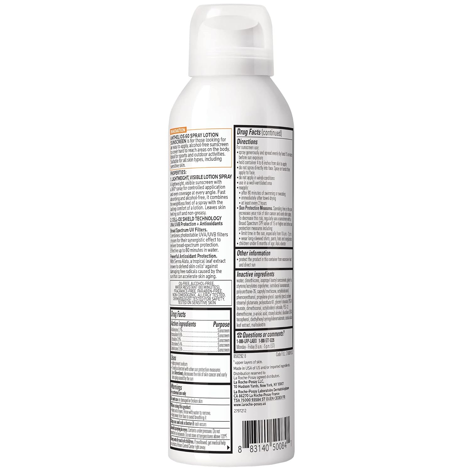 La Roche-Posay Anthelios Ultra-Light Sunscreen Spray Lotion SPF 60, Spray Sunscreen For Face & Body, Broad Spectrum SPF + Antioxidants, Oil Free, Alcohol Free, Water Resistant 80 Min., 5 Fl. Oz.