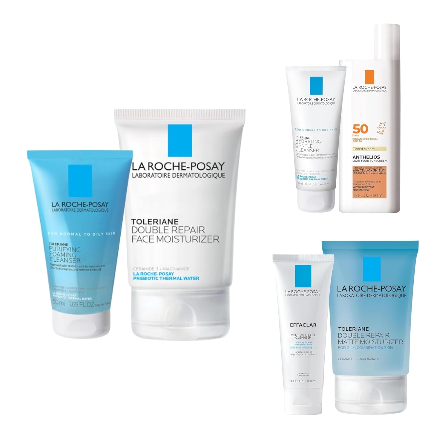 La Roche-Posay Gift Sets, Double Repair Face Moisturizer & Purifying Foaming Cleanser, Tinted Mineral SPF 50 & Hydrating Gentle Cleanser, Medicated Gel Wash & Matte Moisturizer