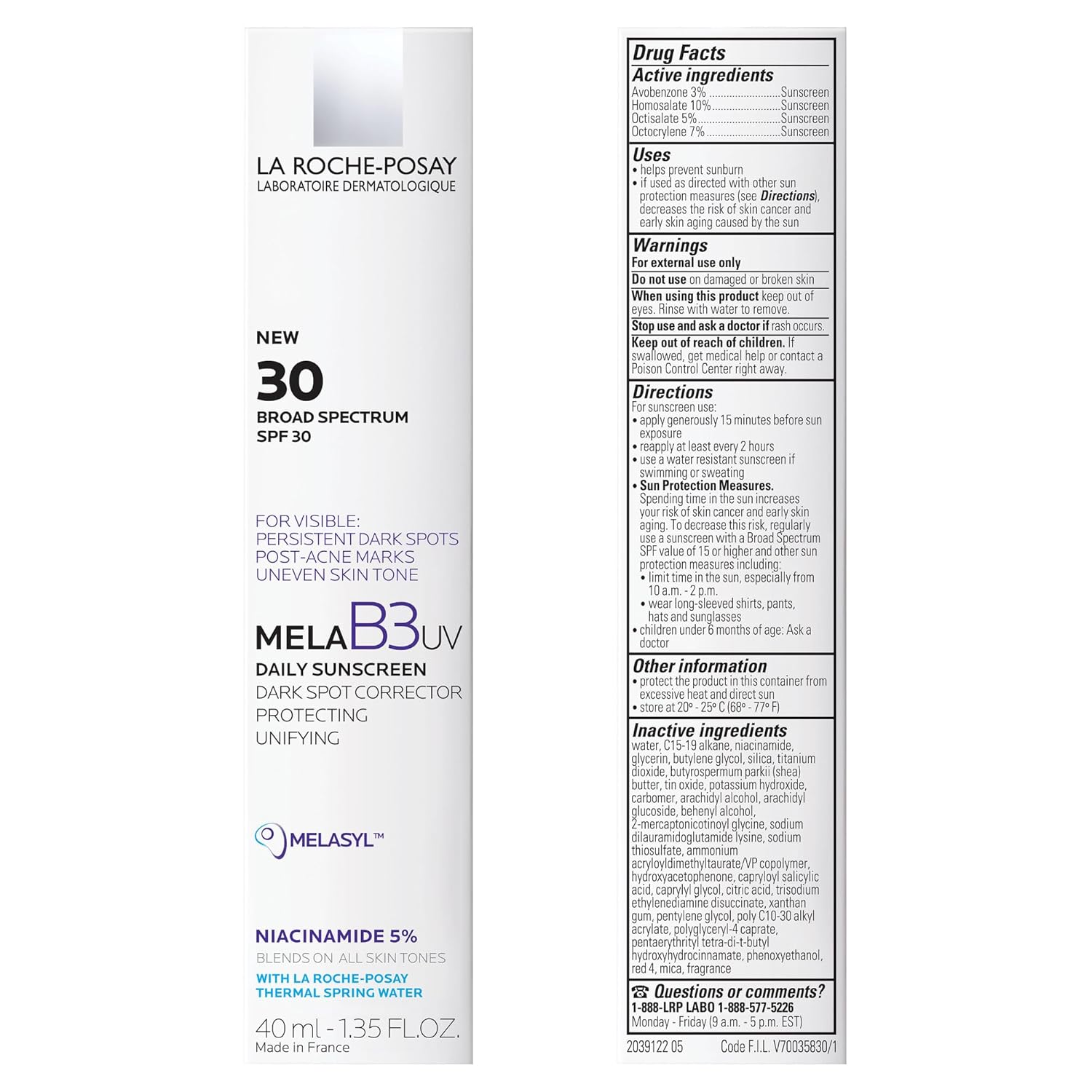 La Roche-Posay Mela B3 UV Daily Sunscreen, Face Moisturizer With SPF 30 + Anti-Aging Melasyl + 5% Niacinamide, Helps Correct & Protect From Sun Damage, Face Sunscreen With No White Cast, 40ML