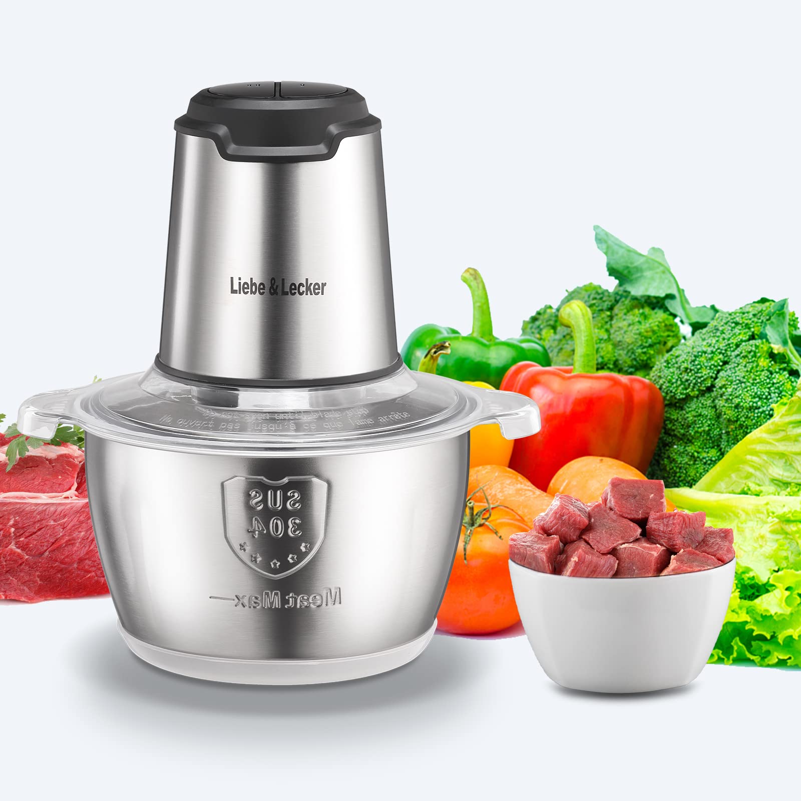 Liebe&Lecker Food Processor, Meat Grinder with 2 Bowls 8 Cup and 8 Cup, Food Chopper Electric Vegetable Chopper with 4 Large Sharp Blades for Fruits, Meat, Vegetables, Baby Food, Nuts, 2 Speed.