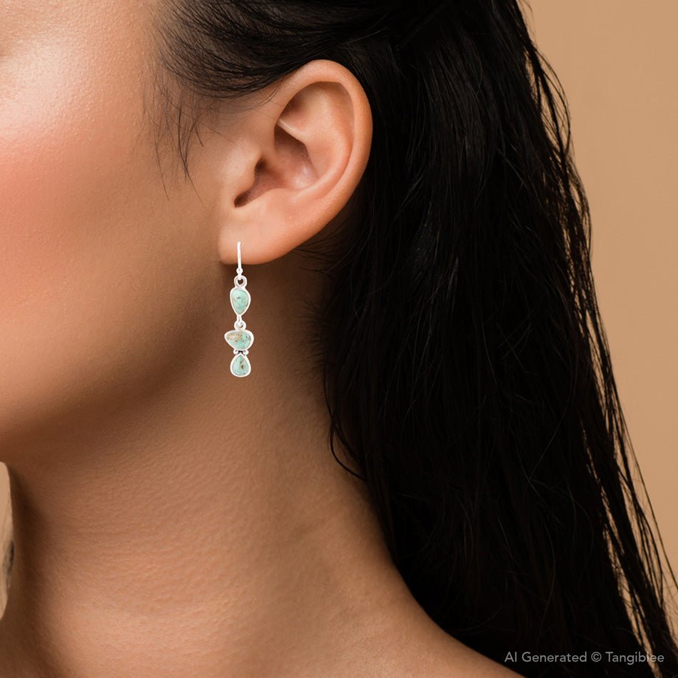Linear Triple Stone Blue Turquoise and Sterling Silver Earrings
