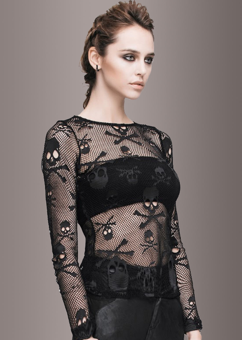 Sheer Long Sleeve Fishnet Top with Skull Design