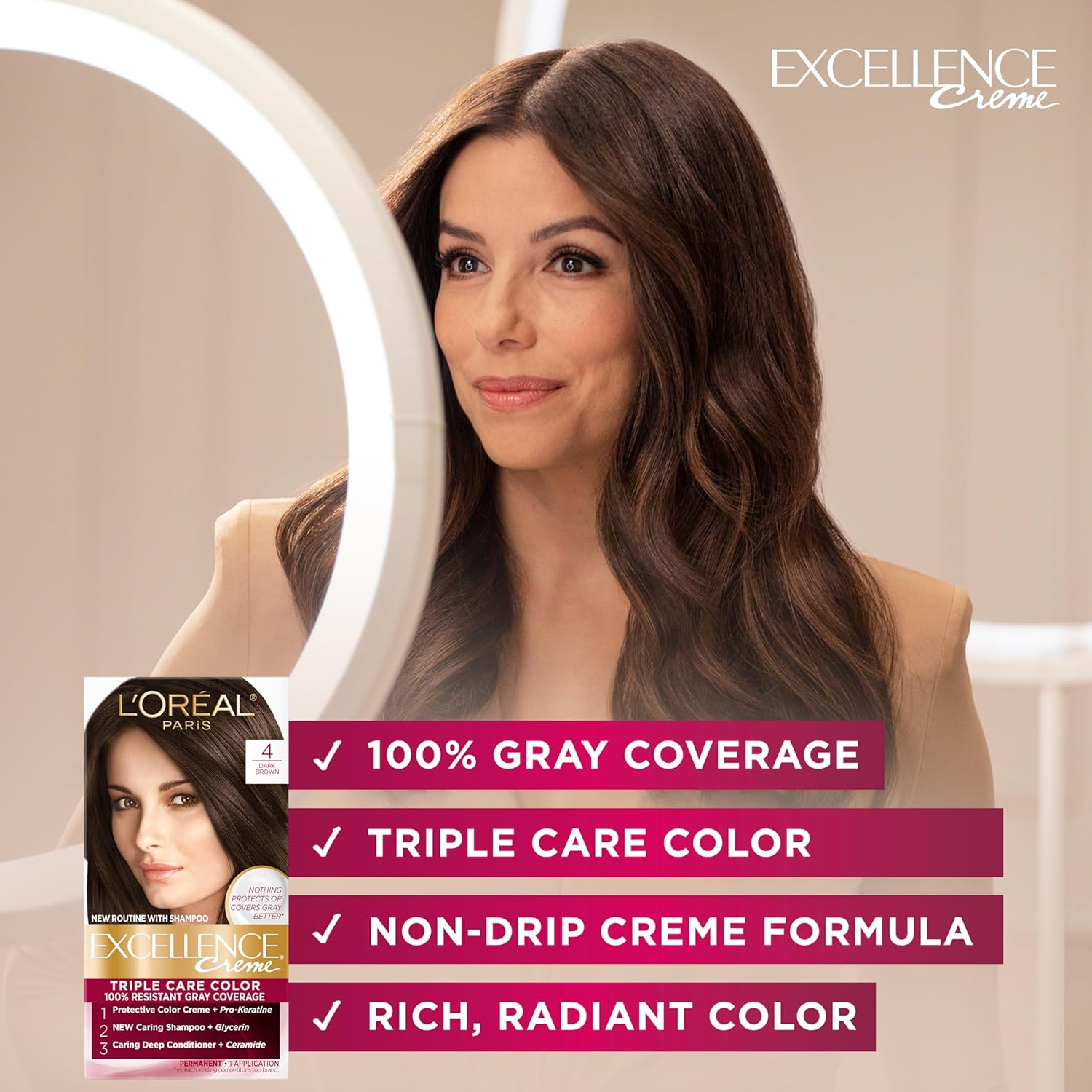 L'Oreal Paris Excellence Creme Permanent Hair Color, 4 Dark Brown, 100 percent Gray Coverage Hair Dye, Pack of 1