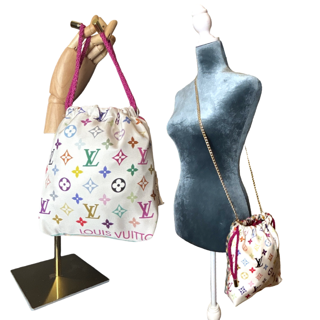 LV Murakami Monogram Vintage Silk Scarf Drawstring Crossbody Bag
