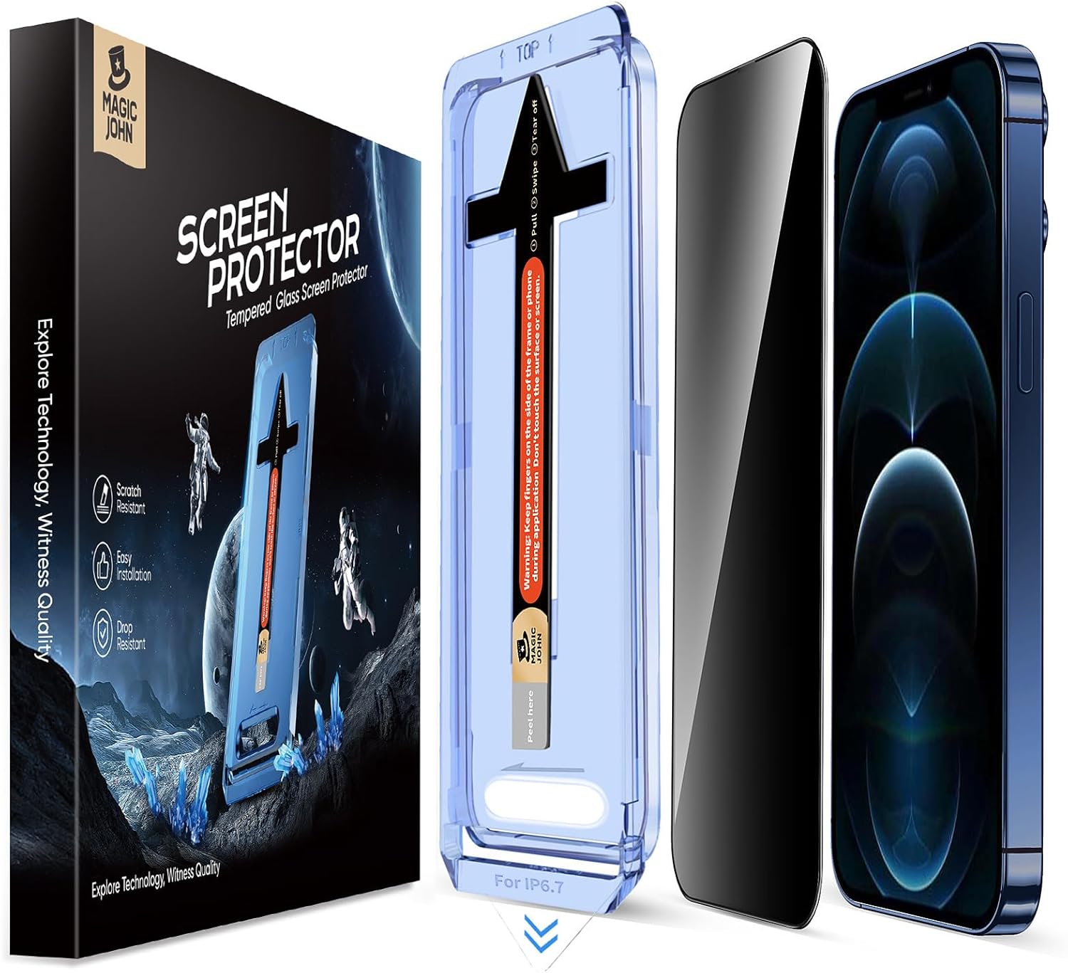 MAGIC JOHN 2 Pack for iPhone 12 Pro Max Privacy Glass Screen Protector, Auto Dust-Elimination Installation, Bubble Free, Anti Spy, Easy Installation