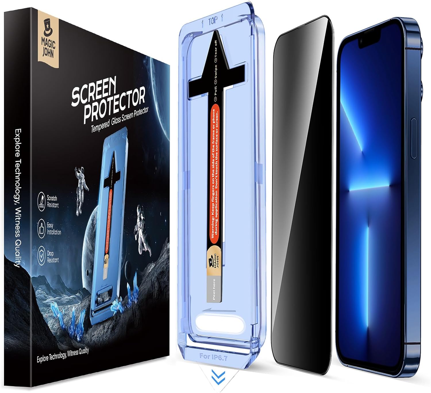 MAGIC JOHN 2 Pack for iPhone 13 Pro Max/iPhone 14 Plus 6.7 inch Privacy Glass Screen Protector, Auto Dust-Elimination Installation, Bubble Free, Easy Installation