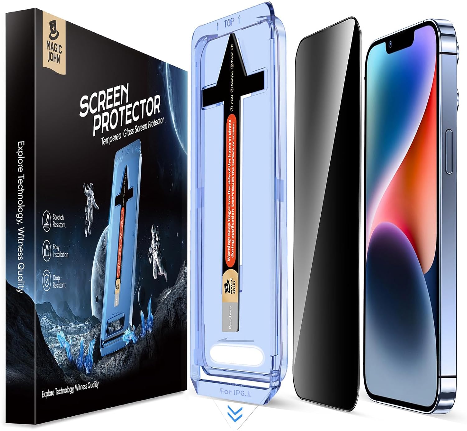 MAGIC JOHN 2 Pack for iPhone 13/13Pro/14/16e 6.1 inch Privacy Glass Screen Protector, Auto Dust-Elimination, Bubble Free, Easy Installation