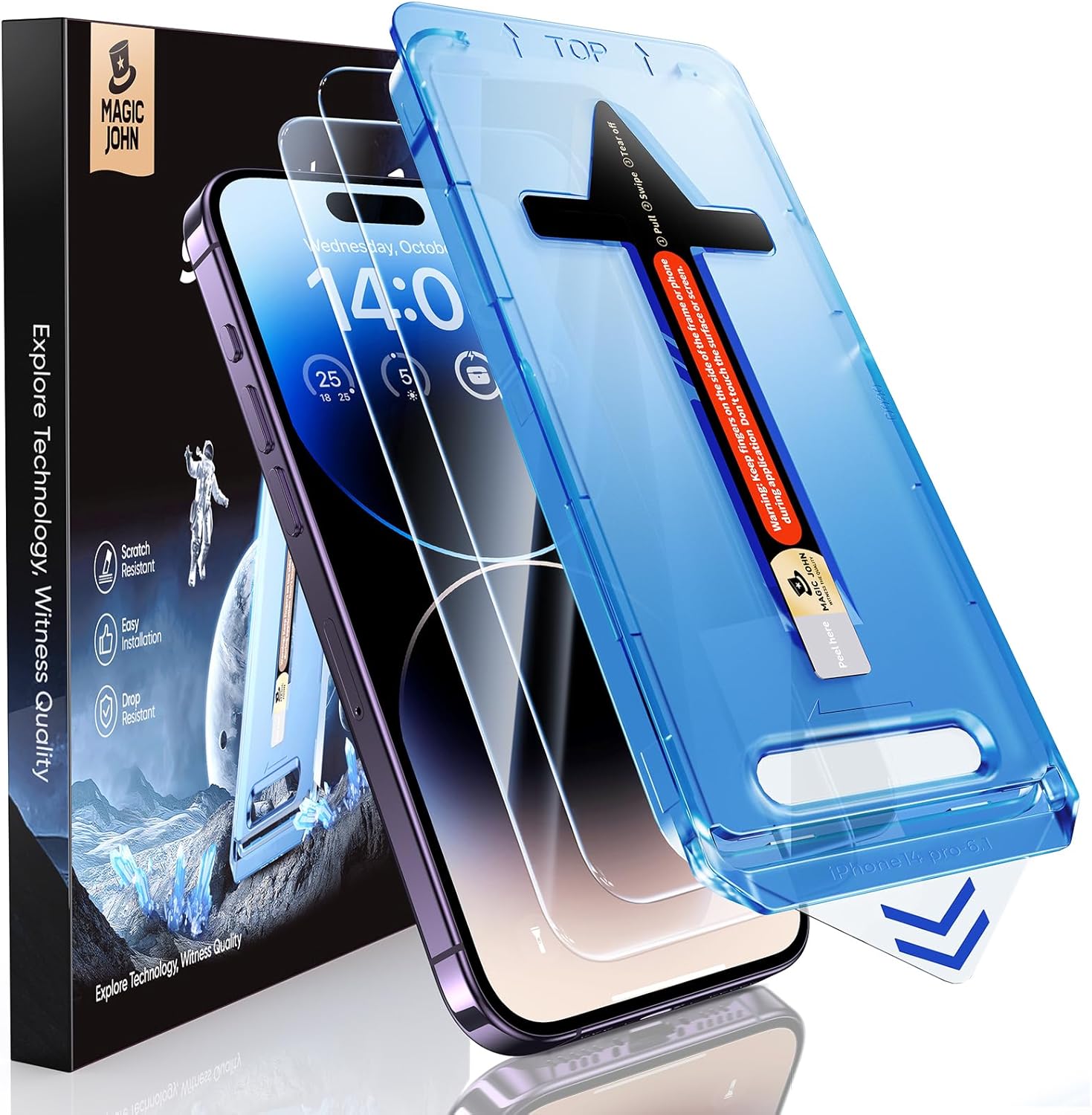 MAGIC JOHN 2 Pack for iPhone 14 Pro 6.1 inch Tempered Glass Screen Protector, Auto Dust-Elimination Installation, Bubble Free, Dynamic Island Compatible, HD Clear, Easy Installation