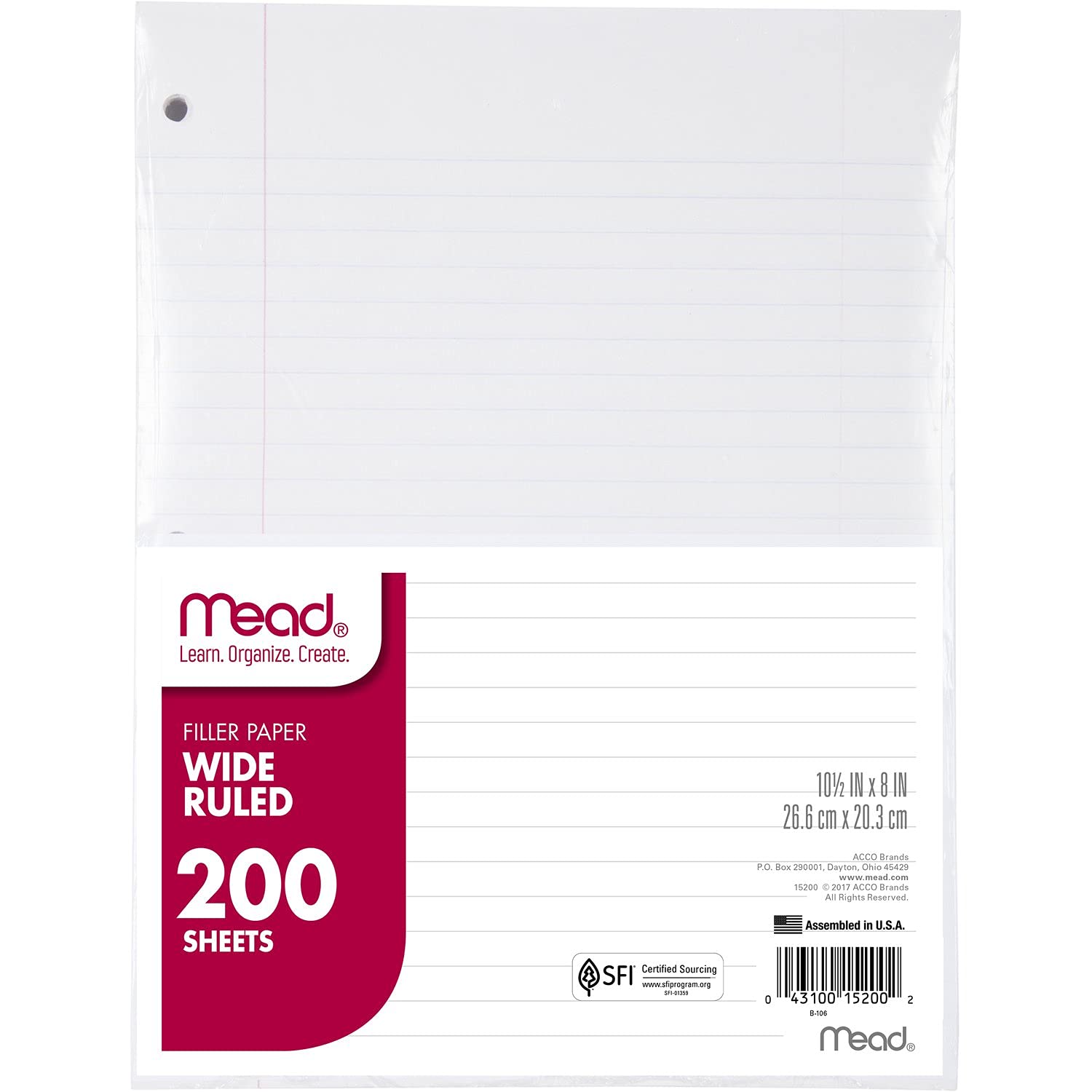 Mead Loose Leaf Paper, Wide Ruled Filler Notebook Paper, 8" x 10-1/2", 200 Sheets, Fits 3-Ring Binder (15200)
