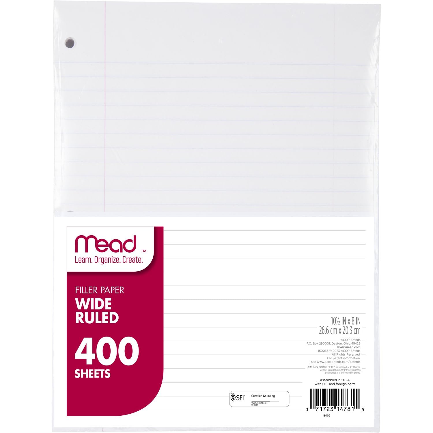 Mead Loose Leaf Paper, Wide Ruled Filler Notebook Paper, 8" x 10-1/2", 200 Sheets, Fits 3-Ring Binder (15200)