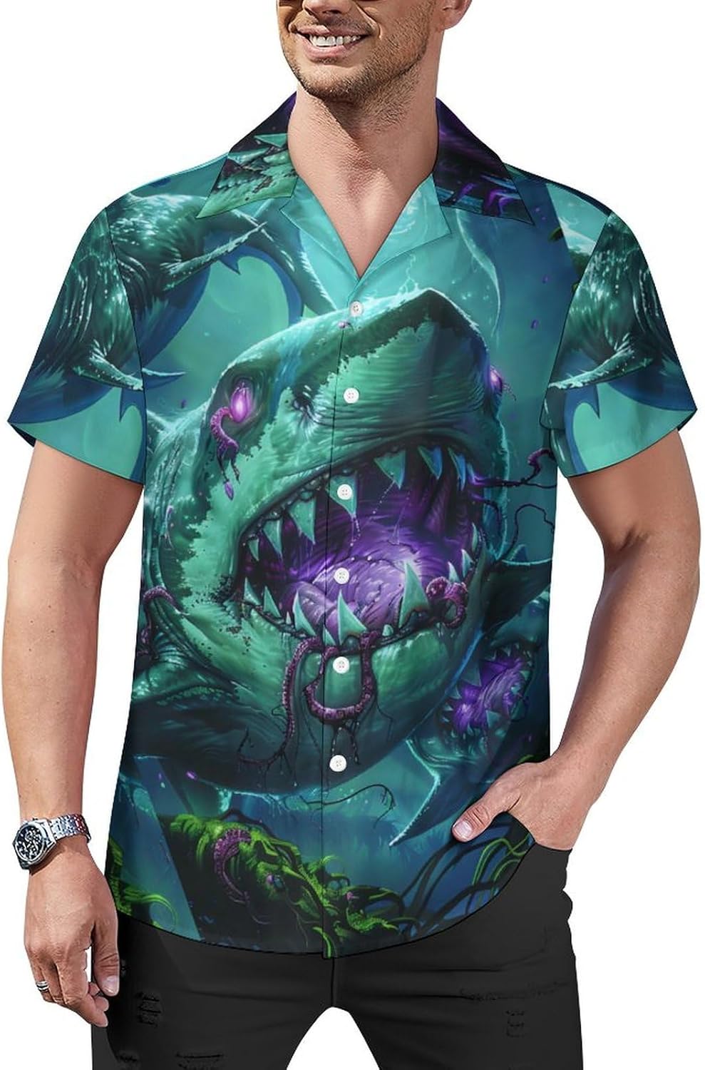 Mens Hawaiian Shark Shirts Short Sleeve Button Up Beach Summer Button Down Hawaiian Trippy Shirt for Men Women