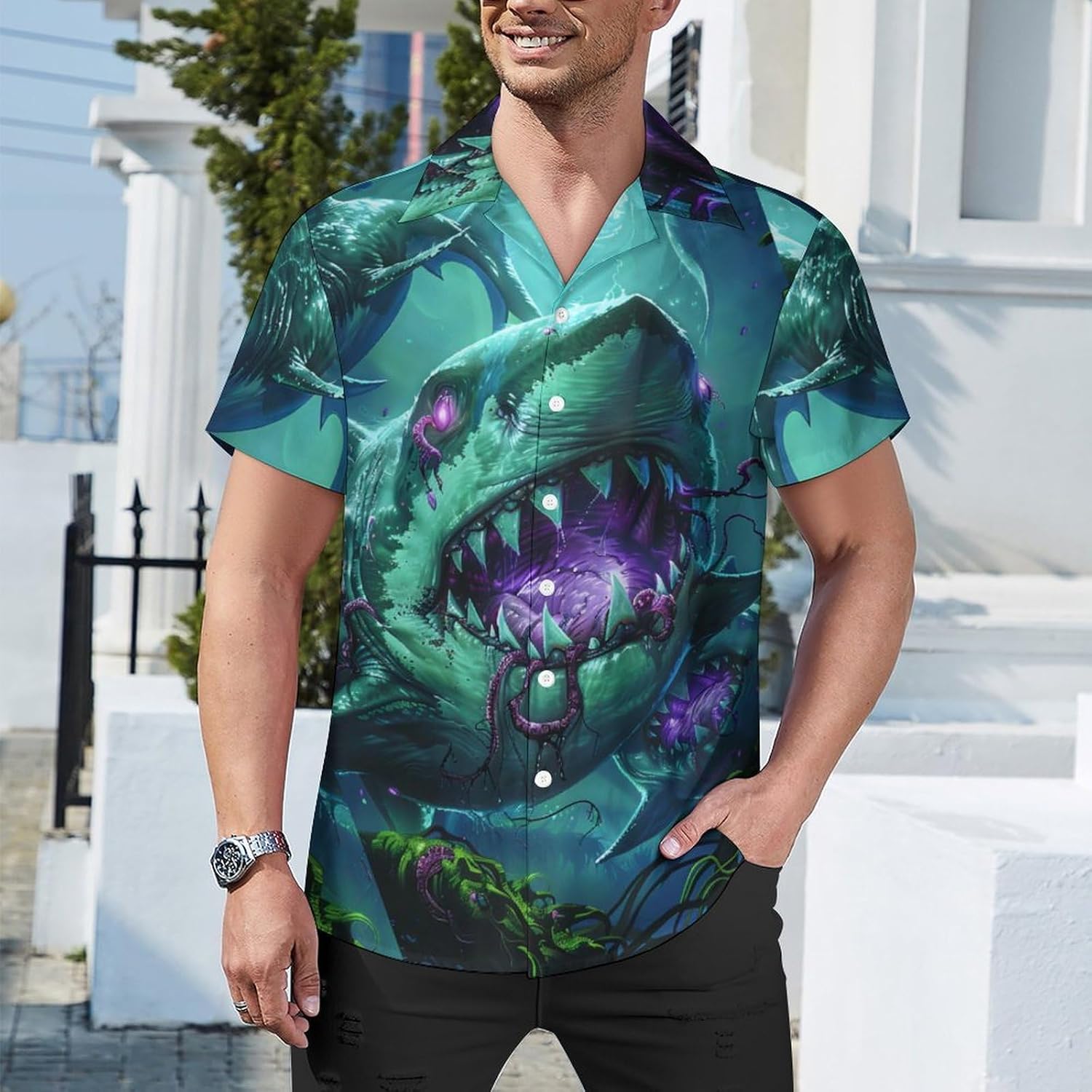 Mens Hawaiian Shark Shirts Short Sleeve Button Up Beach Summer Button Down Hawaiian Trippy Shirt for Men Women