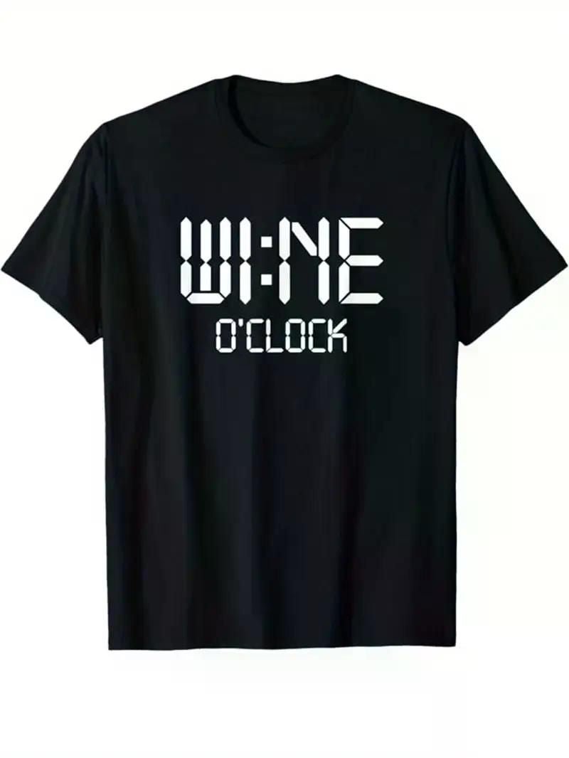 Men's Wine O'Clock Graphic T-Shirt - Black Casual Short Sleeve Crew Neck Tee with White Pixelated Print, Perfect for