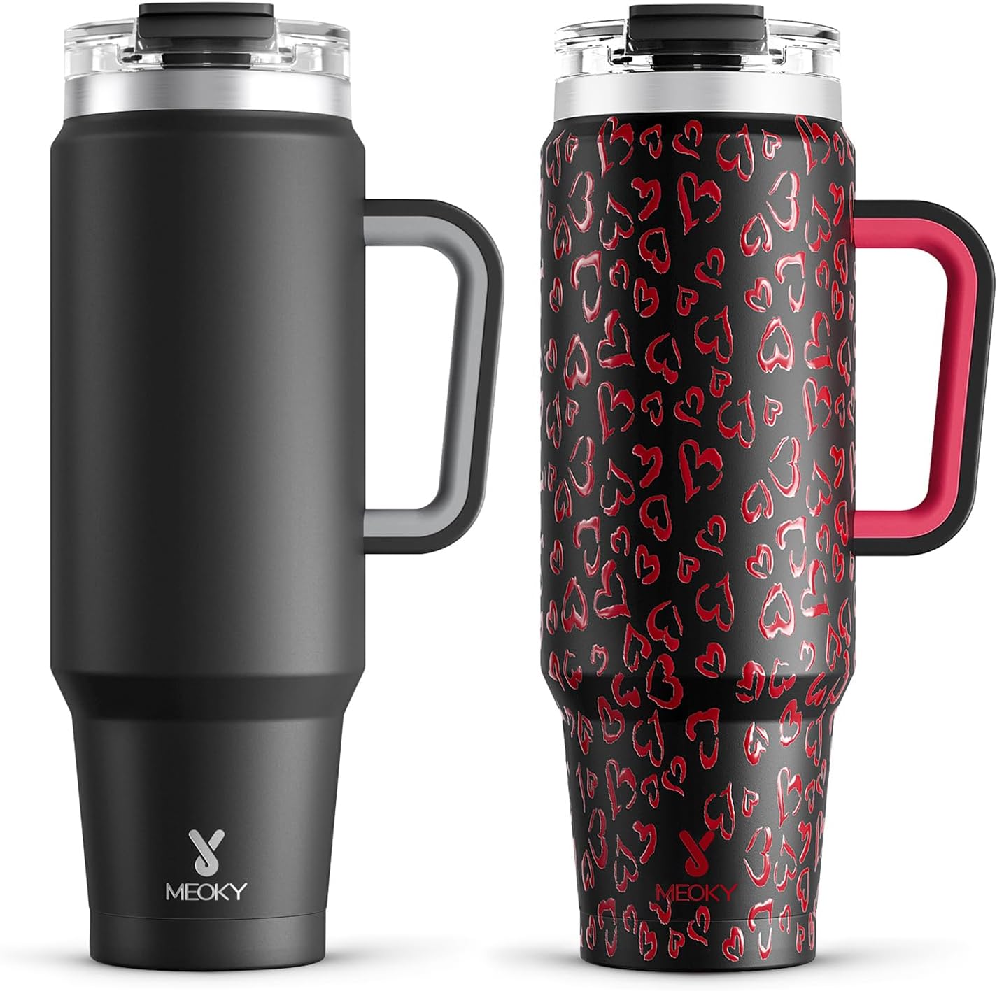 Meoky 40 oz Tumbler with Handle and Straw 2 Pack, Insulated Tumbler with Lid and Straw, Stainless Steel Travel Mug, Keeps Cold for 34 Hours, 100% Leak Proof, Fits in Car Cup Holder (Night & Heart)