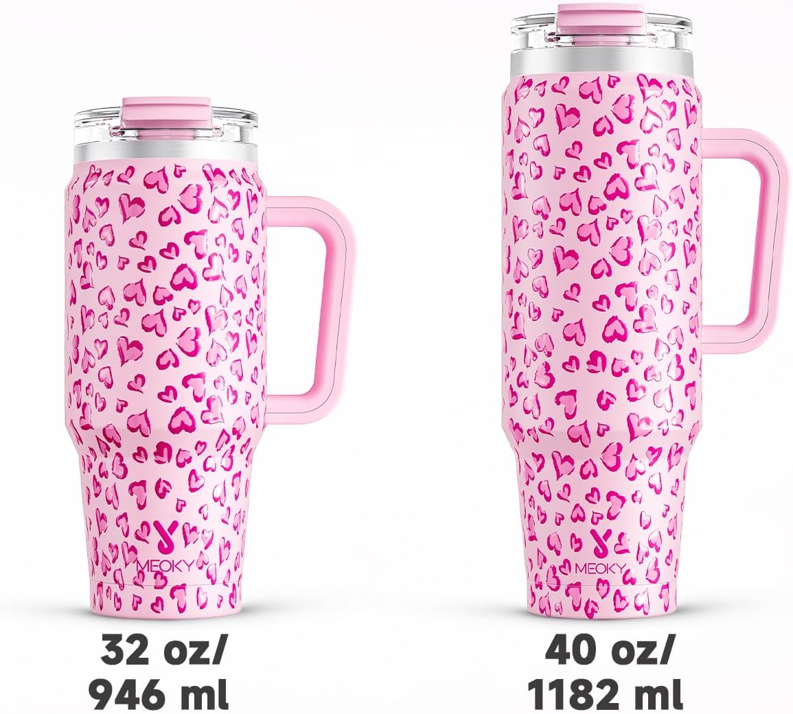 Meoky 40 oz Tumbler with Handle and Straw 2 Pack, Insulated Tumbler with Lid and Straw, Stainless Steel Travel Mug, Keeps Cold for 34 Hours, 100% Leak Proof, Fits in Car Cup Holder (Love & Flamingo)