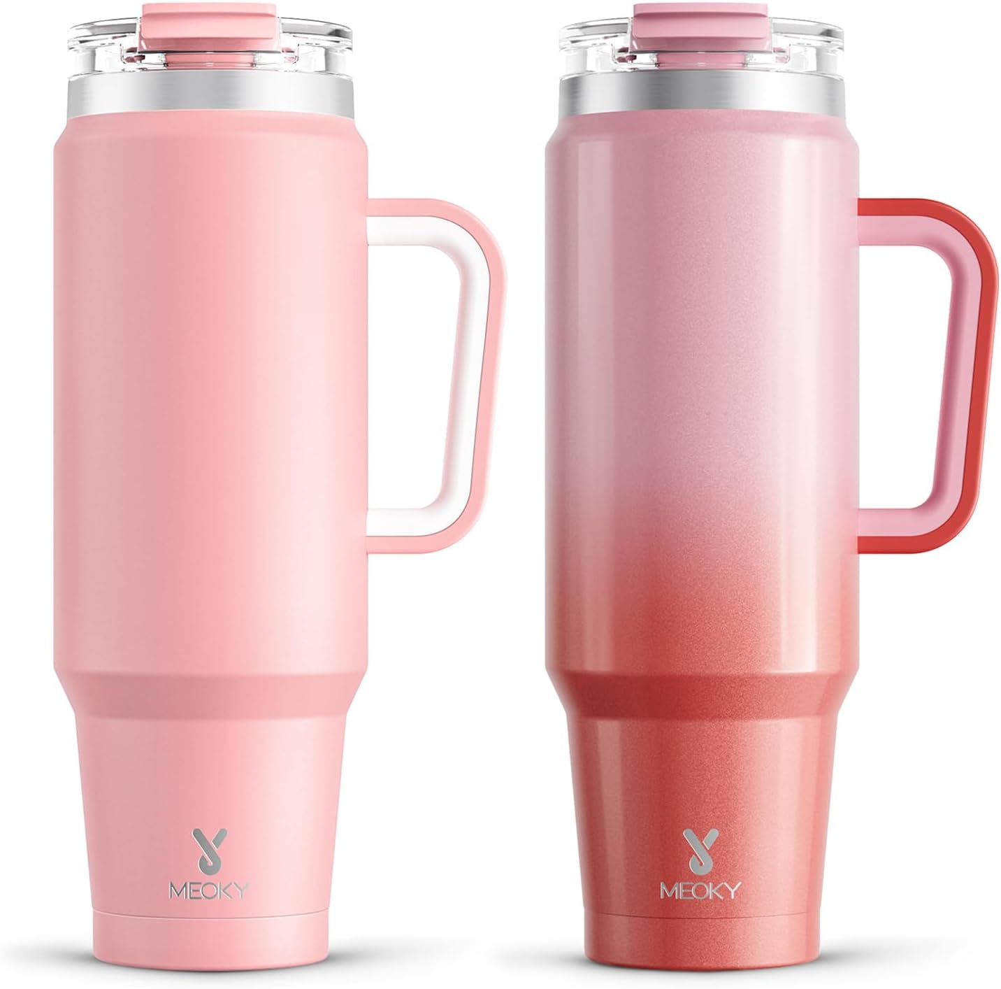Meoky 40 oz Tumbler with Handle and Straw 2 Pack, Insulated Tumbler with Lid and Straw, Stainless Steel Travel Mug, Keeps Cold for 34 Hours, 100% Leak Proof, Fits in Car Cup Holder (Blush & Flamingo)