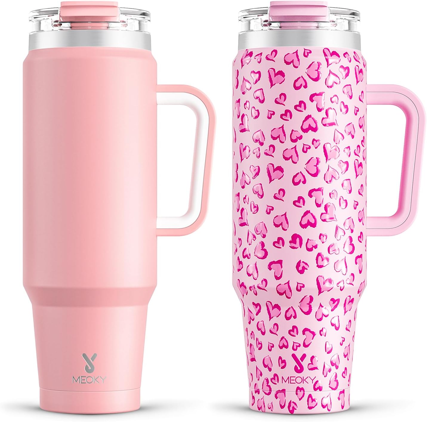 Meoky 40 oz Tumbler with Handle and Straw 2 Pack, Insulated Tumbler with Lid and Straw, Stainless Steel Travel Mug, Keeps Cold for 34 Hours, 100% Leak Proof, Fits in Car Cup Holder (Blush & Love)