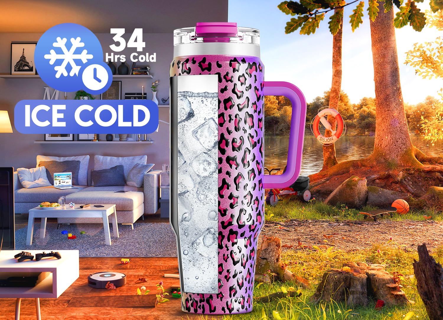 Meoky 40 oz Tumbler with Handle and Straw, Insulated Tumbler with Lid and Straw, Stainless Steel Travel Mug, Keeps Cold for 34 Hours, 100% Leak Proof, Fits in Car Cup Holder (Night)