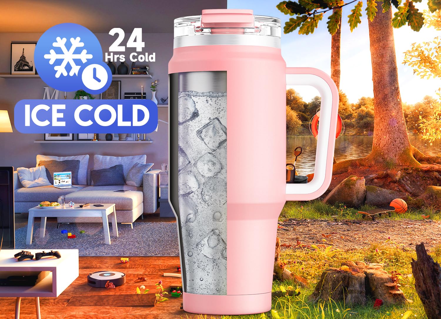 Meoky 40 oz Tumbler with Handle and Straw, Insulated Tumbler with Lid and Straw, Stainless Steel Travel Mug, Keeps Cold for 34 Hours, 100% Leak Proof, Fits in Car Cup Holder (Night)