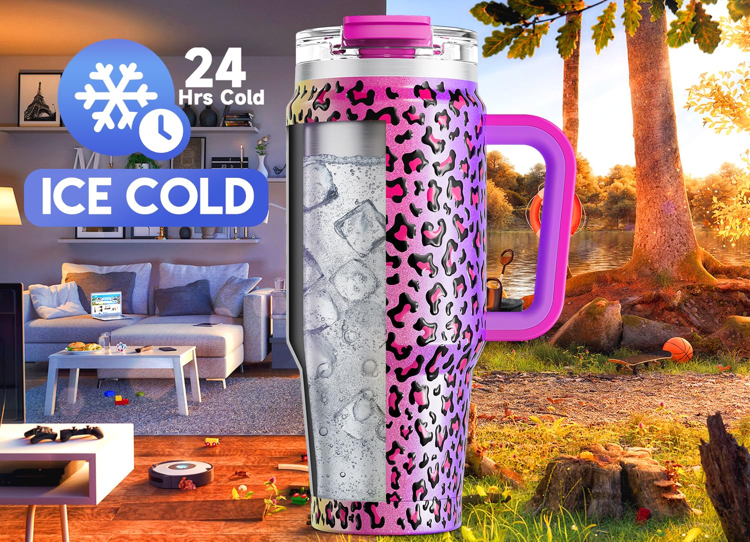 Meoky 40 oz Tumbler with Handle and Straw, Insulated Tumbler with Lid and Straw, Stainless Steel Travel Mug, Keeps Cold for 34 Hours, 100% Leak Proof, Fits in Car Cup Holder (Night)