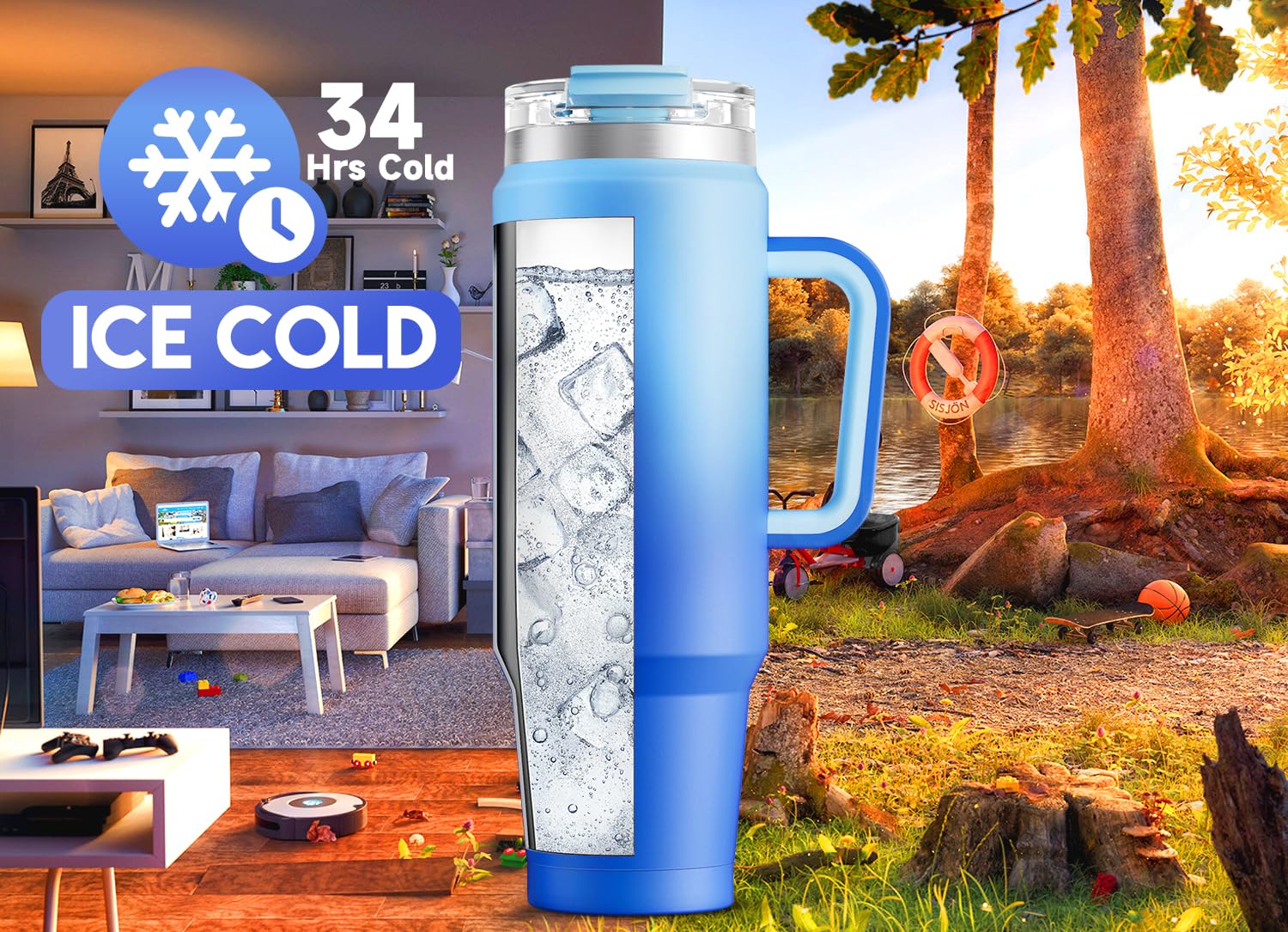 Meoky 40 oz Tumbler with Handle and Straw, Insulated Tumbler with Lid and Straw, Stainless Steel Travel Mug, Keeps Cold for 34 Hours, 100% Leak Proof, Fits in Car Cup Holder (Night)