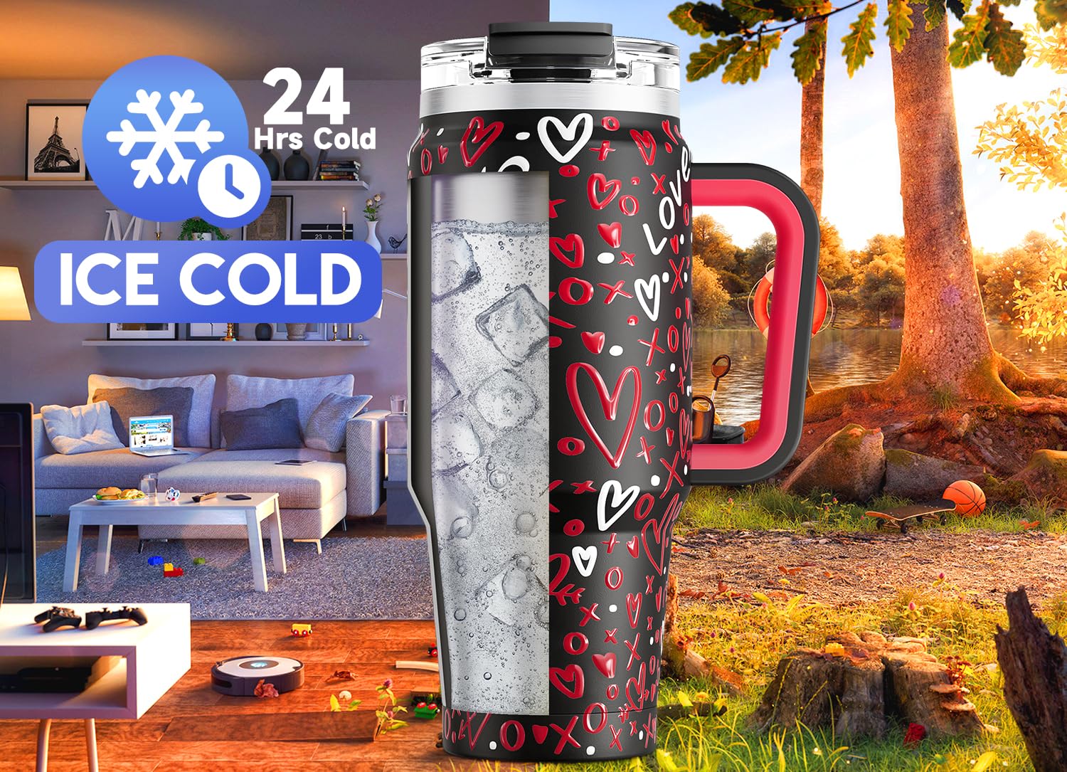 Meoky 40 oz Tumbler with Handle and Straw, Insulated Tumbler with Lid and Straw, Stainless Steel Travel Mug, Keeps Cold for 34 Hours, 100% Leak Proof, Fits in Car Cup Holder (Night)