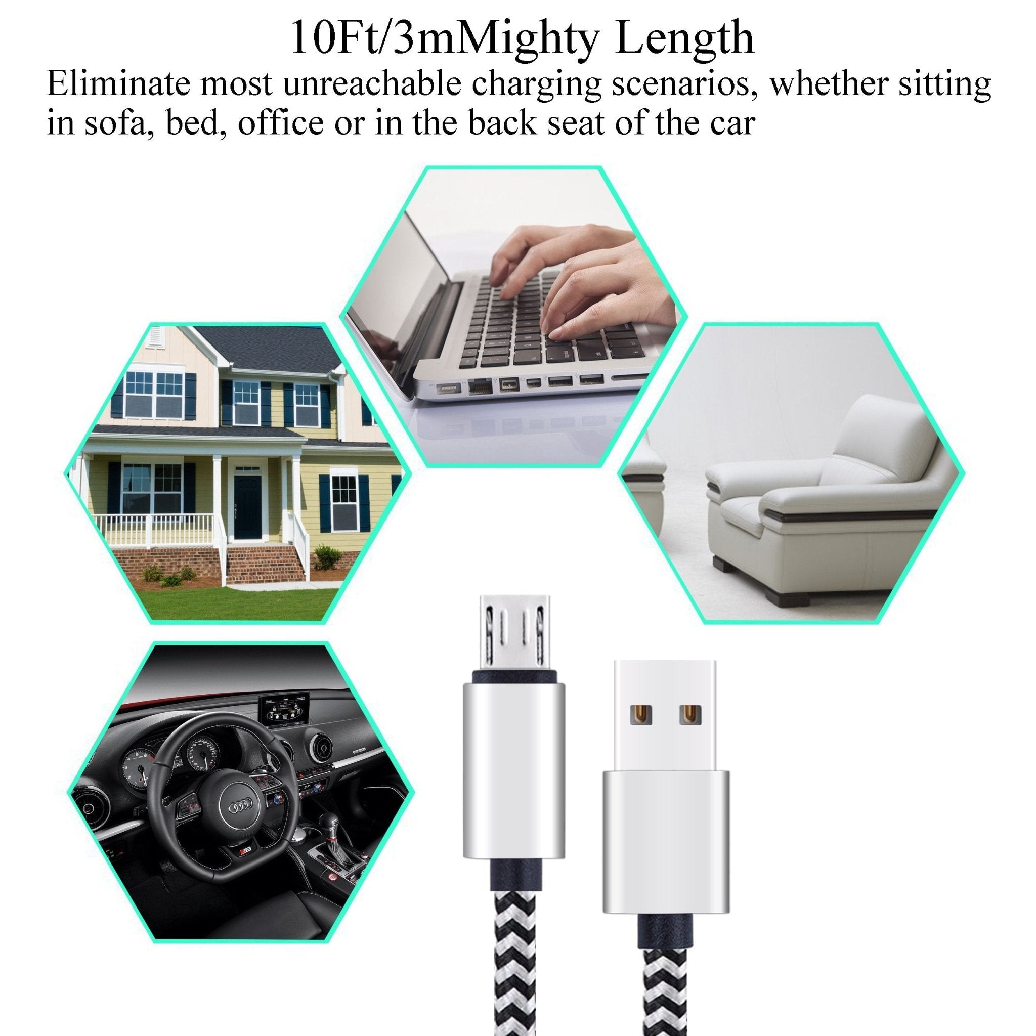 Micro USB Cable,[10ft3Pack] by Ailun,High Speed 2.0 USB A Male to Micro USB Sync & Charging Nylon Braided Cable for Android Smartphone Tablets Wall and Car Charger Connection[Silver&Blackwhite]