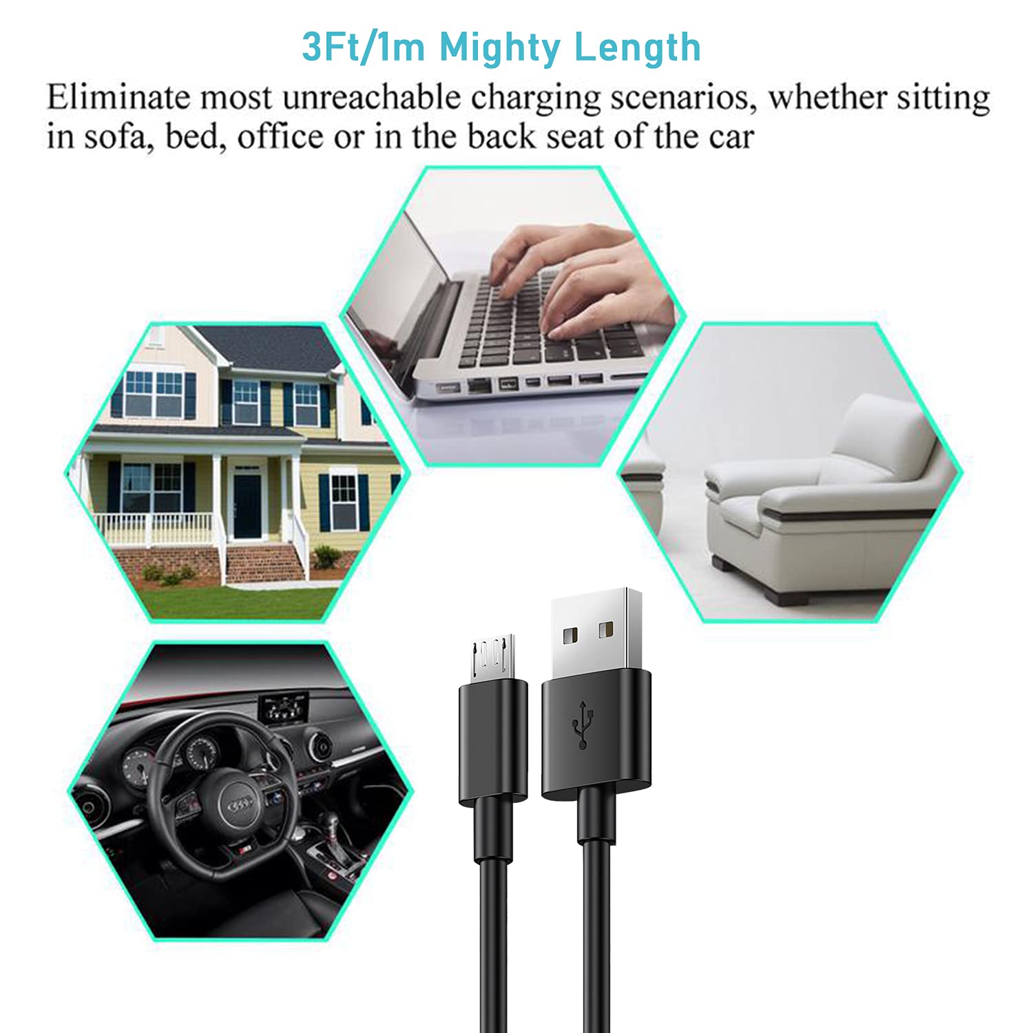 Micro USB Cable,[10ft3Pack] by Ailun,High Speed 2.0 USB A Male to Micro USB Sync & Charging Nylon Braided Cable for Android Smartphone Tablets Wall and Car Charger Connection[Silver&Blackwhite]