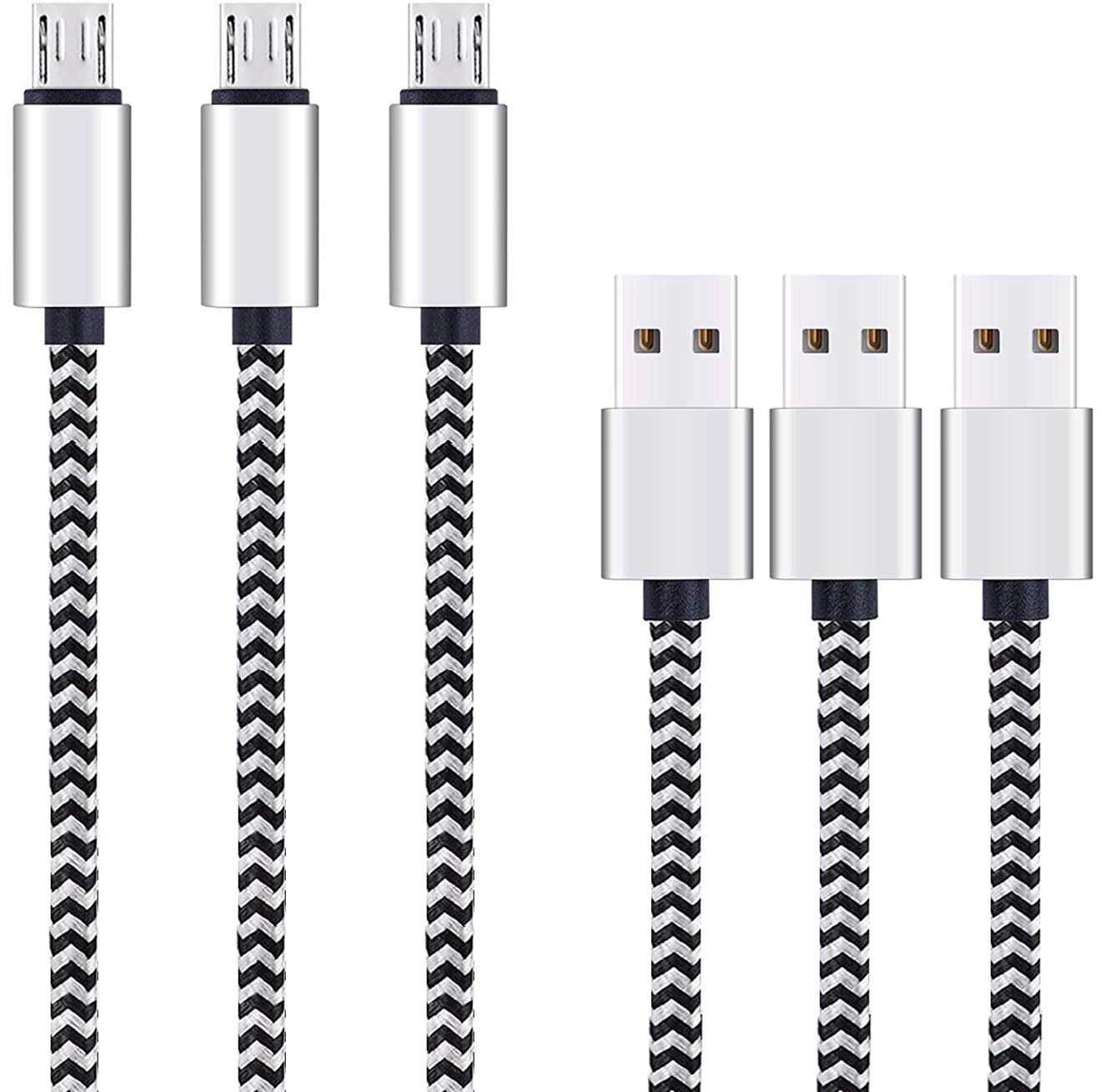 Micro USB Cable,[10ft3Pack] by Ailun,High Speed 2.0 USB A Male to Micro USB Sync & Charging Nylon Braided Cable for Android Smartphone Tablets Wall and Car Charger Connection[Silver&Blackwhite]