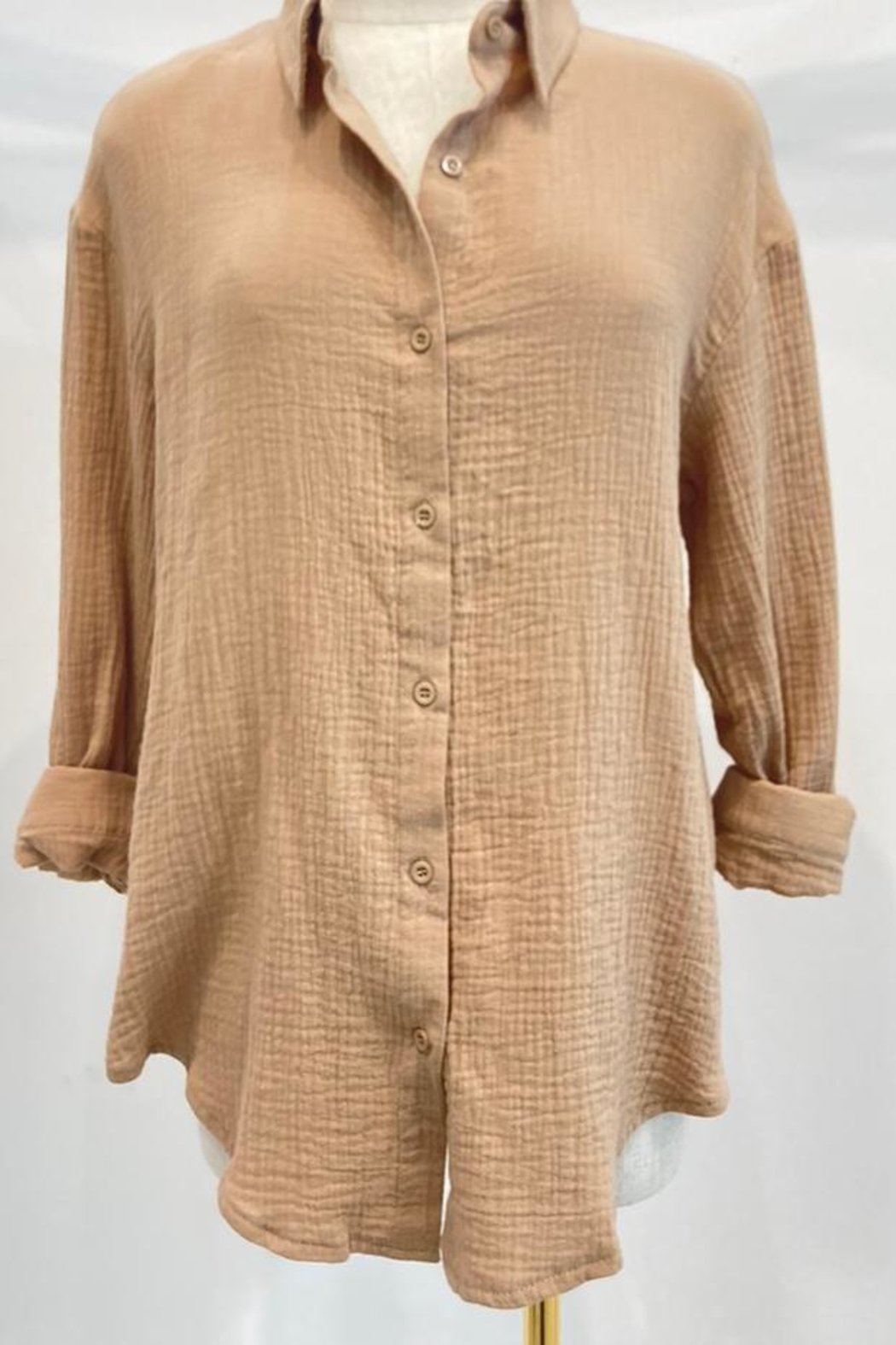 Button Front Long Sleeve Slit Back Solid Shirt