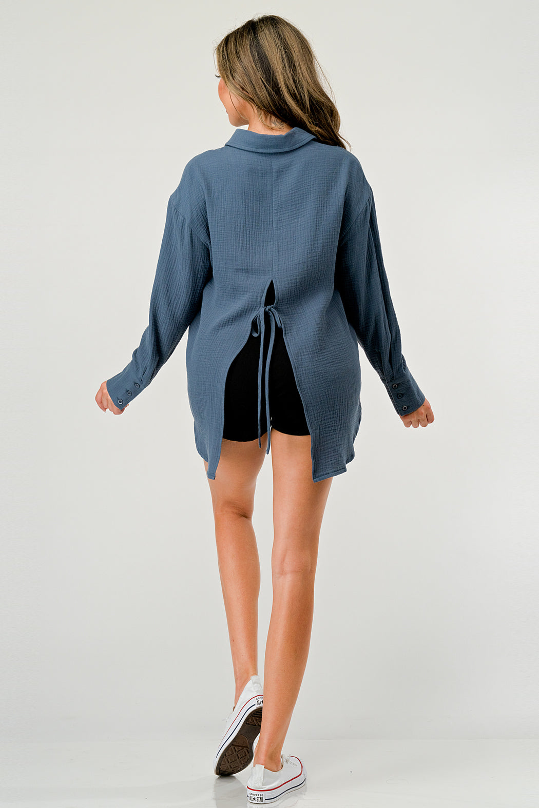 Button Front Long Sleeve Slit Back Solid Shirt