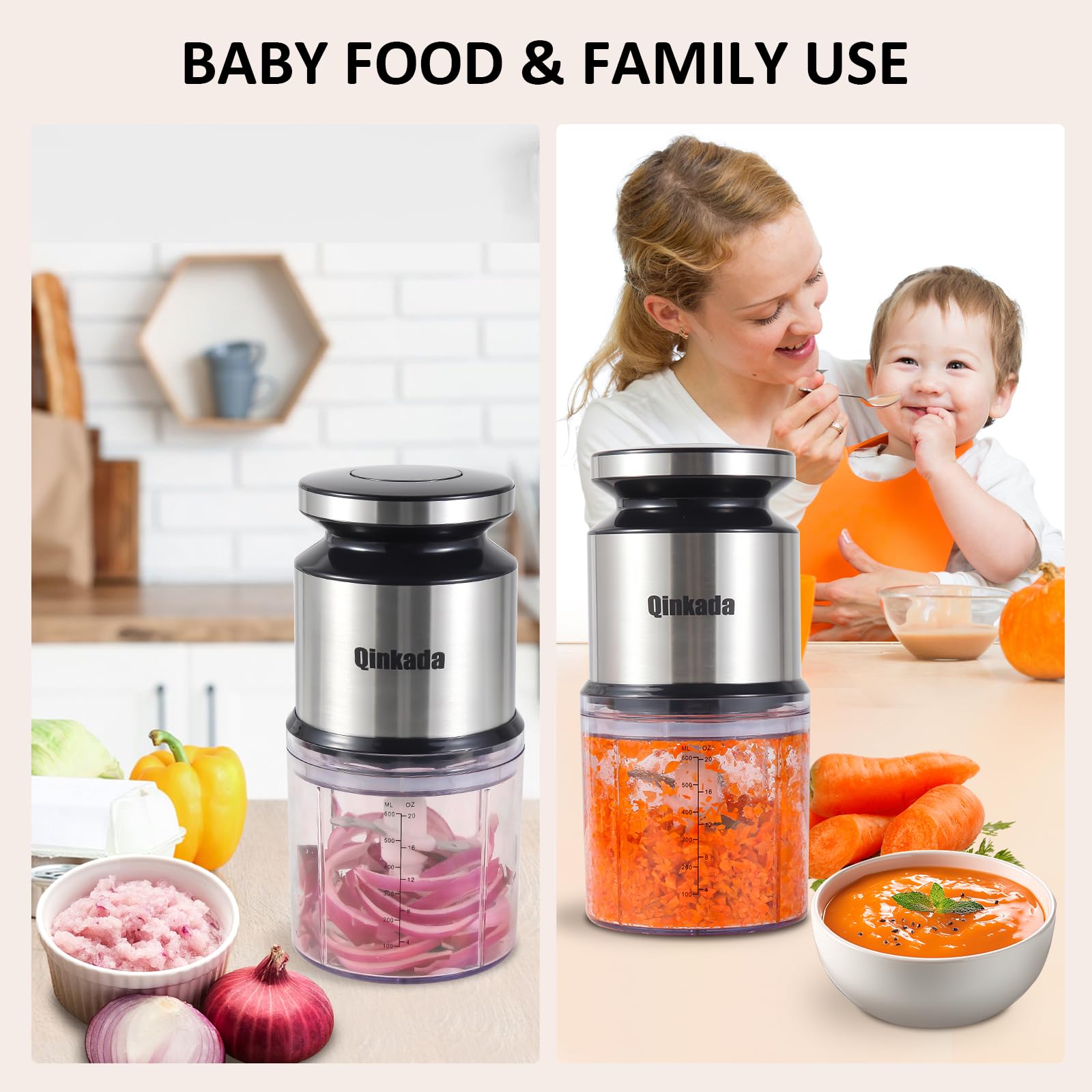 Mini Food Processor, 2.5 Cup/ 600 ML Baby Food Maker, 400 W Power Electric Grinder Chopper for Fruit, Vegetable, Meat, Baby Food Puree Blender (Sliver)