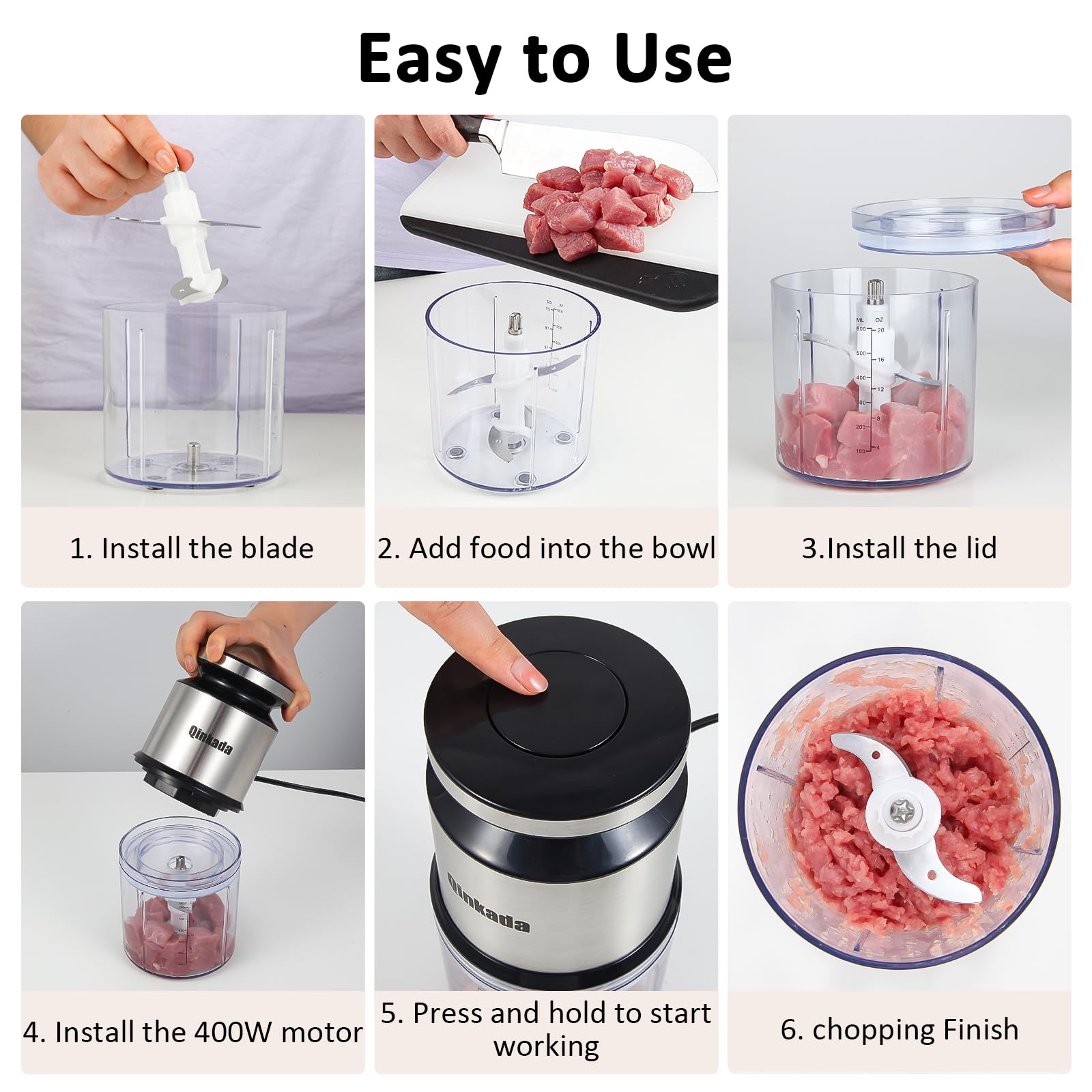 Mini Food Processor, 2.5 Cup/ 600 ML Baby Food Maker, 400 W Power Electric Grinder Chopper for Fruit, Vegetable, Meat, Baby Food Puree Blender (Sliver)