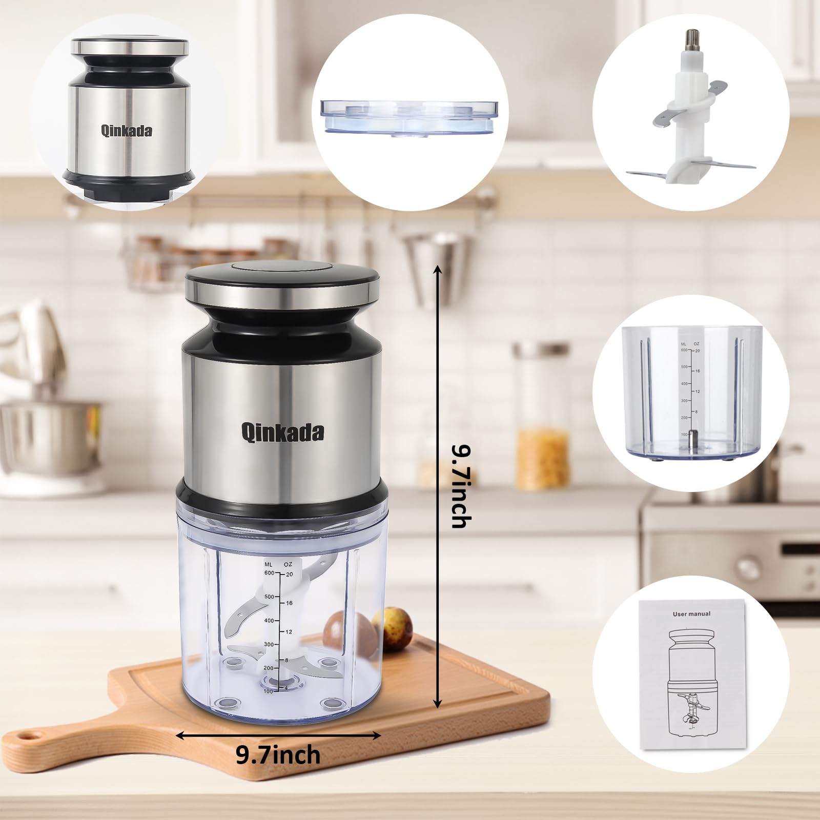 Mini Food Processor, 2.5 Cup/ 600 ML Baby Food Maker, 400 W Power Electric Grinder Chopper for Fruit, Vegetable, Meat, Baby Food Puree Blender (Sliver)