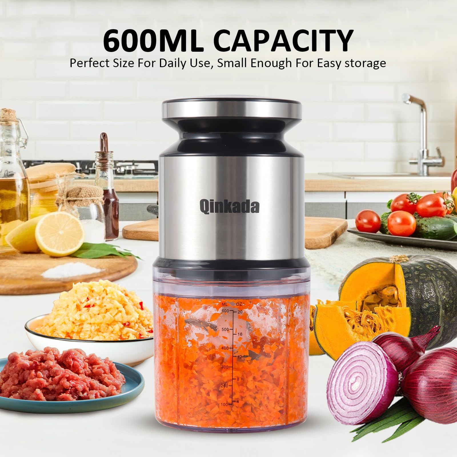 Mini Food Processor, 2.5 Cup/ 600 ML Baby Food Maker, 400 W Power Electric Grinder Chopper for Fruit, Vegetable, Meat, Baby Food Puree Blender (Sliver)