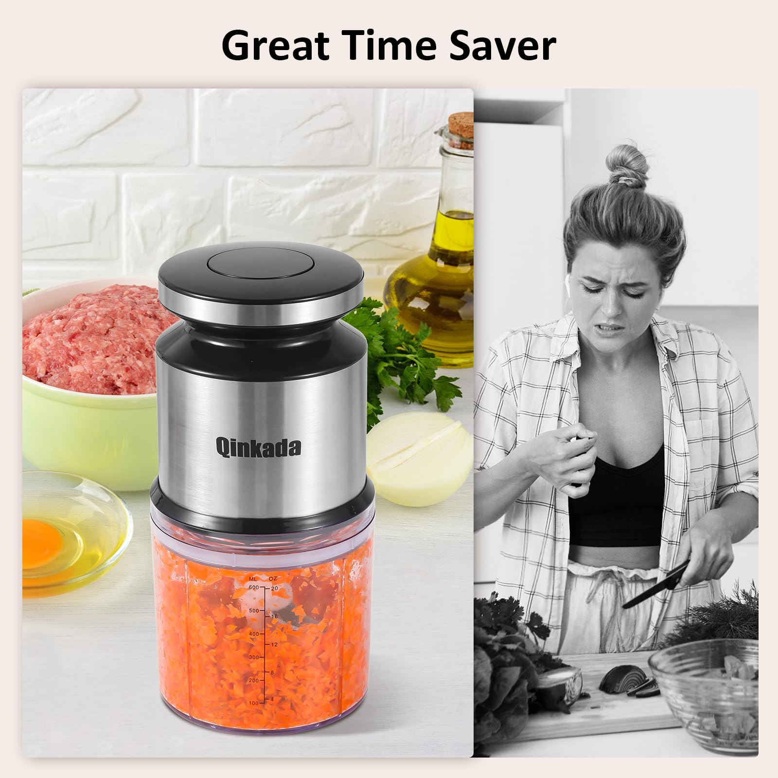 Mini Food Processor, 2.5 Cup/ 600 ML Baby Food Maker, 400 W Power Electric Grinder Chopper for Fruit, Vegetable, Meat, Baby Food Puree Blender (Sliver)