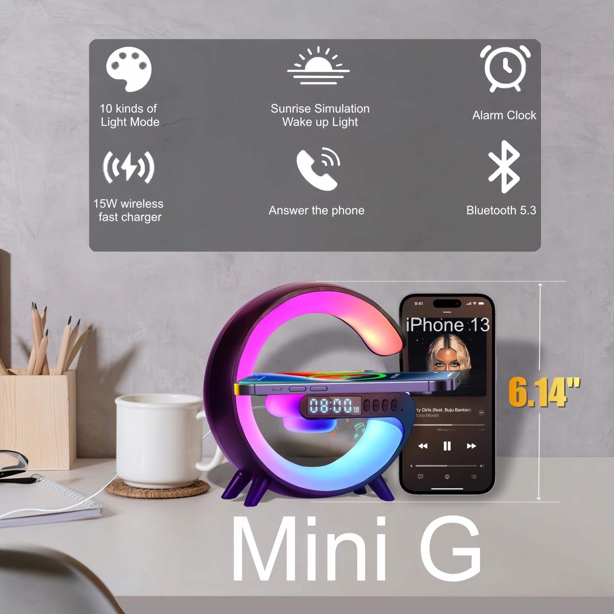 Mini G Atmosphere Lamp with Bluetooth Speaker, LED Table Lamp with Wireless Charger, Night Light Lamp Sunrise Alarm Clock, Smart Light Sound Machine for Bedroom【Mini Size 𝐆𝟔】
