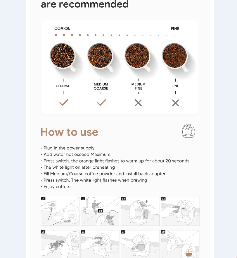 MiniQ Portable American coffee machine White 2in1 semi-automatic coffee machine 1400W drip coffee machine coffee powder 20g optional powder holder or optional K cup holder