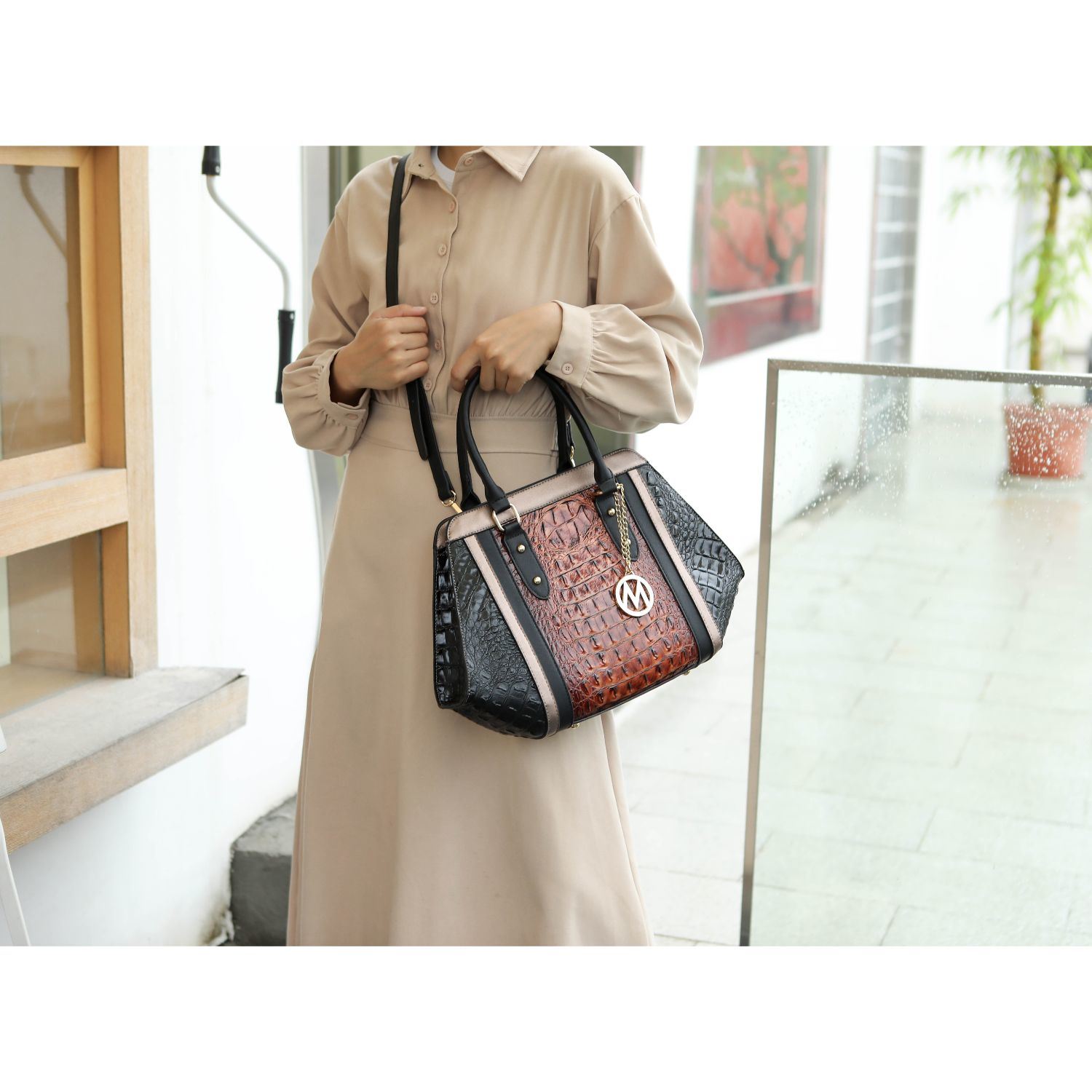 MKF Collection Daisy Two PCS Croco Satchel bag & Wallet , Measurements: 10” L x 11” H x 4” W , Wallet: 7.5” L x 4”H x 1” W