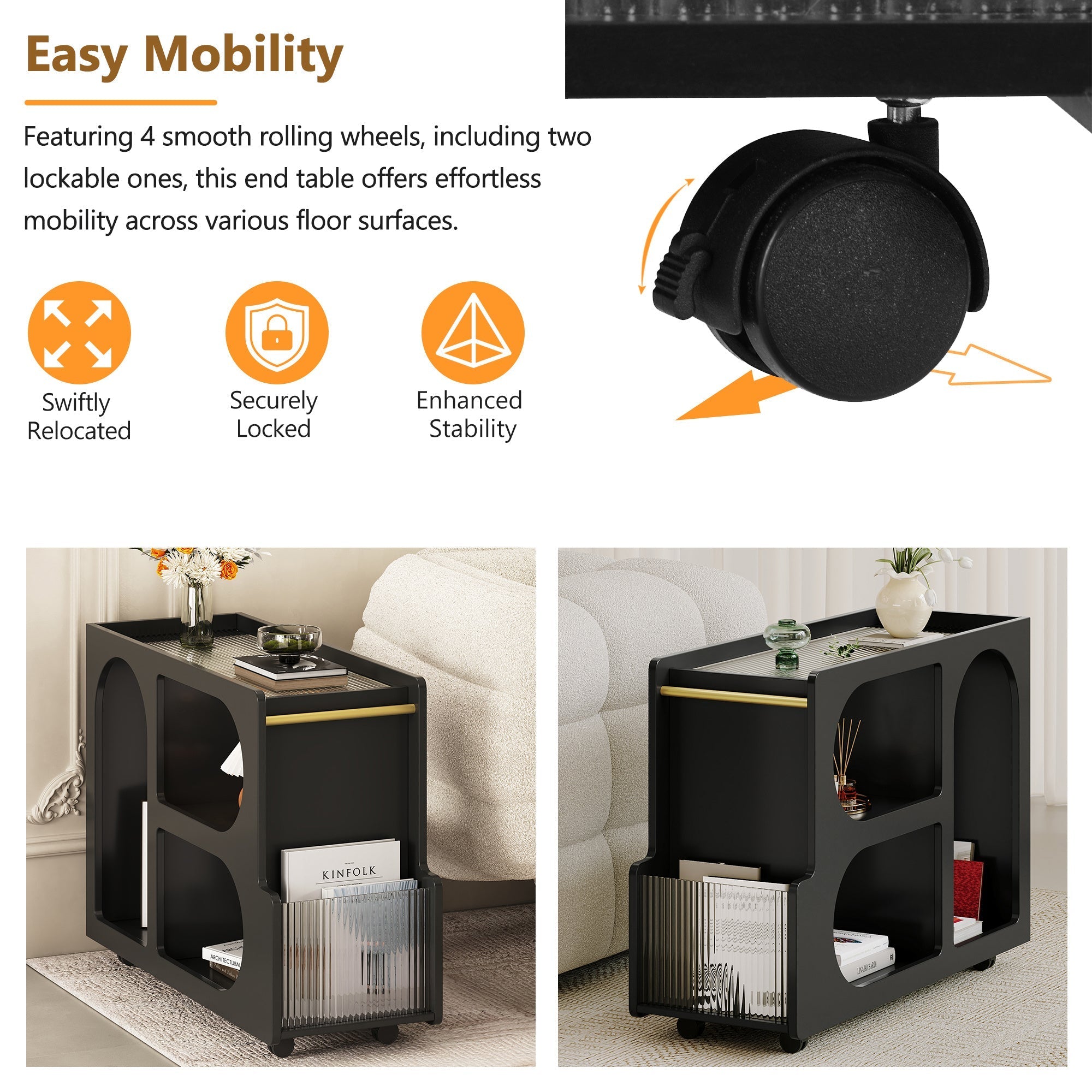 Mobile End Table with Lockable Wheels, Narrow Coffee Table with 5mm Thick Fluted Tempered Glass, Modern Nightstand with Golden Round Rod, Living Room, 31.5''W x11.8''D x 23.1''H