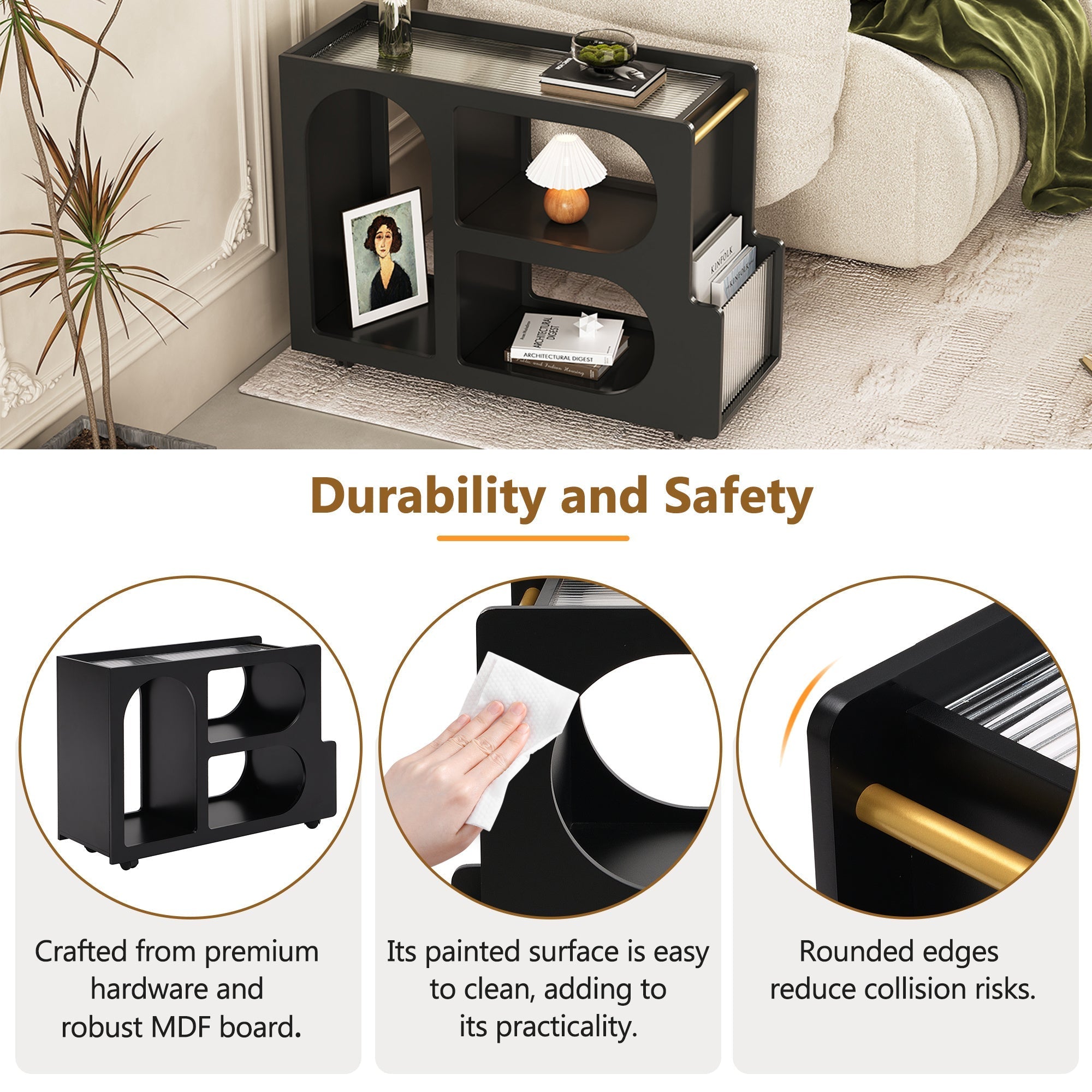 Mobile End Table with Lockable Wheels, Narrow Coffee Table with 5mm Thick Fluted Tempered Glass, Modern Nightstand with Golden Round Rod, Living Room, 31.5''W x11.8''D x 23.1''H