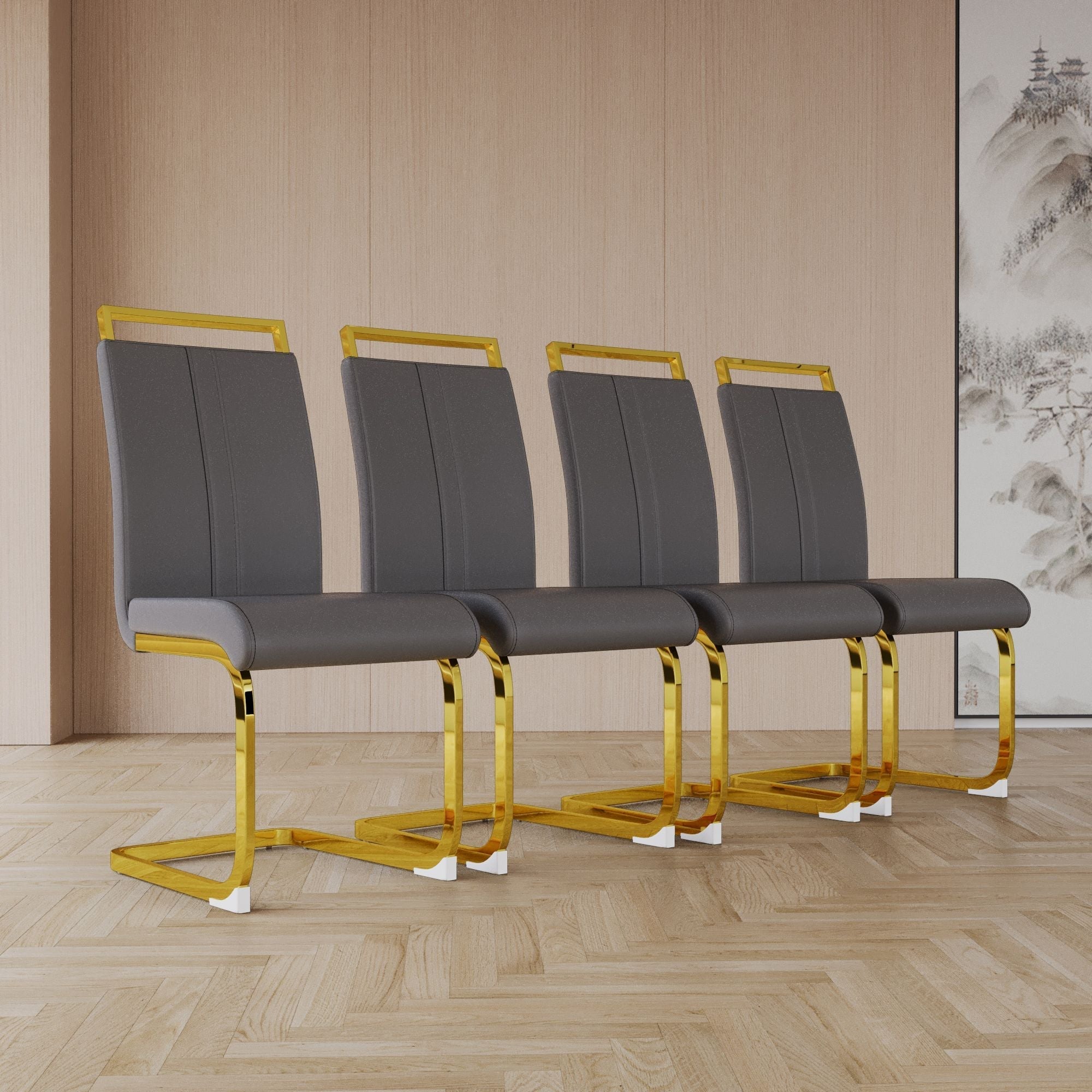 Modern Dining Chairs,PU Faux Leather High Back Upholstered Side Chair with C-shaped Tube plating Metal Legs for Dining Room Kitchen Vanity Patio Club Guest Office Chair (Set of 4)