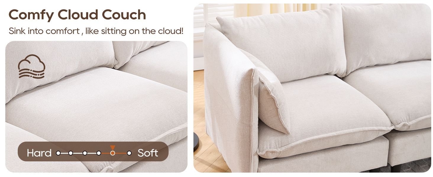 Modular Sectional Sofa, L Shaped Couch Set for Living Room, 4-Seater Comfy Cloud Couches with Movable Ottoman Beige