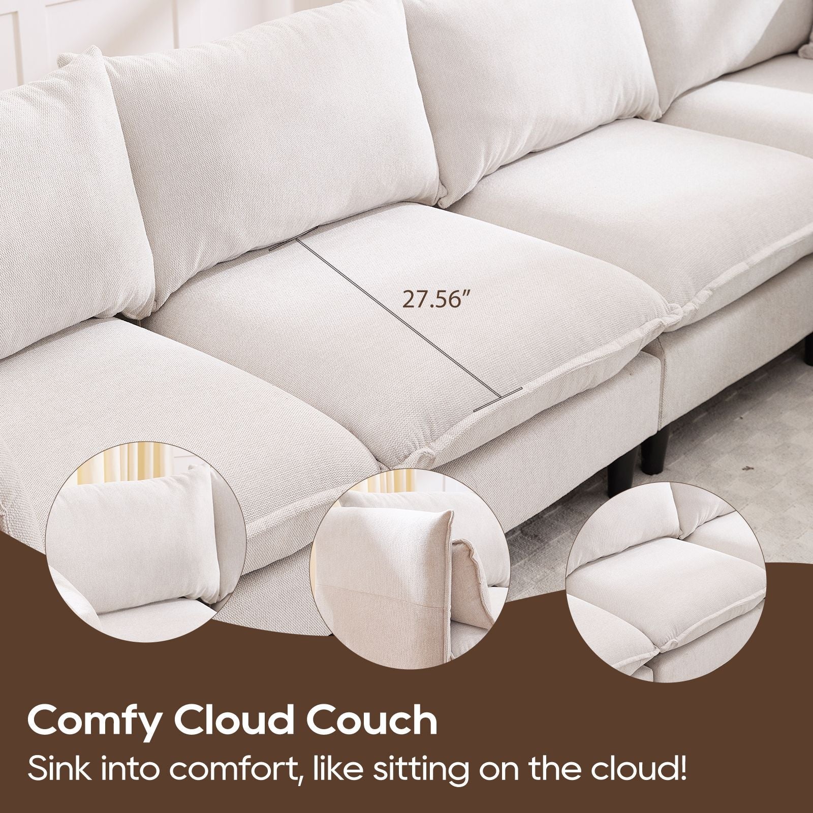Modular Sectional Sofa, L Shaped Couch Set for Living Room, 4-Seater Comfy Cloud Couches with Movable Ottoman Beige