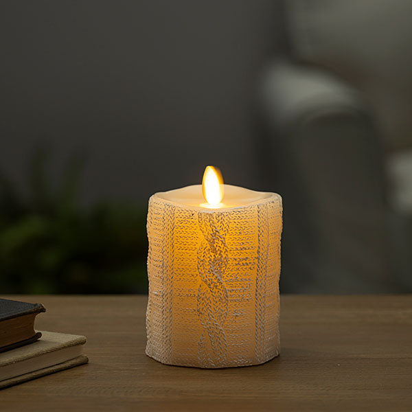 Luminara Ivory Embossed Sweater Knit Moving Flame Pillar