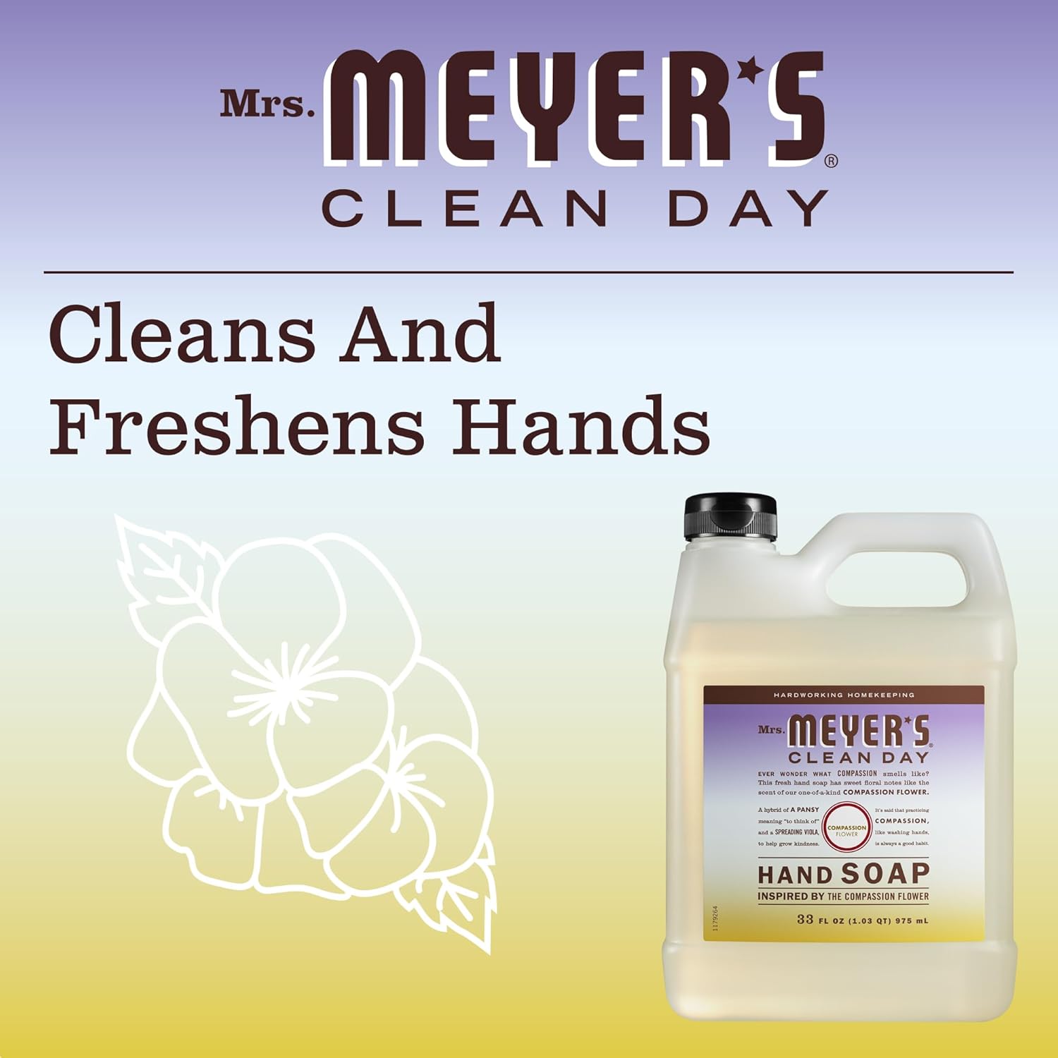 MRS. MEYER'S CLEAN DAY Hand Soap Refill, Made with Essential Oils, Biodegradable Formula, Compassion Flower, Packaging May Vary, 33 fl. oz