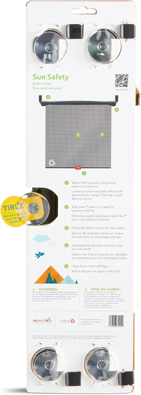 Munchkin Brica Sun Safety Car Window Shade with Heat Alert, Helps Block UVA/UVB Rays, 2 Pack, Black