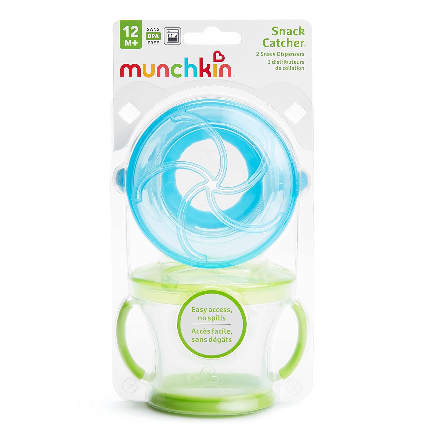 Munchkin Snack Catcher Toddler Snack Cups, No Spill, 2 Pack, Blue/Green