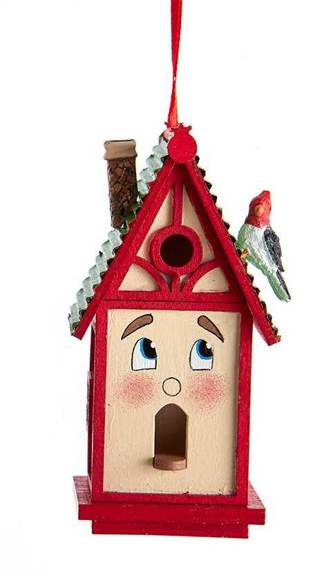 Whimsical Wooden Birdhouse Ornament - Red