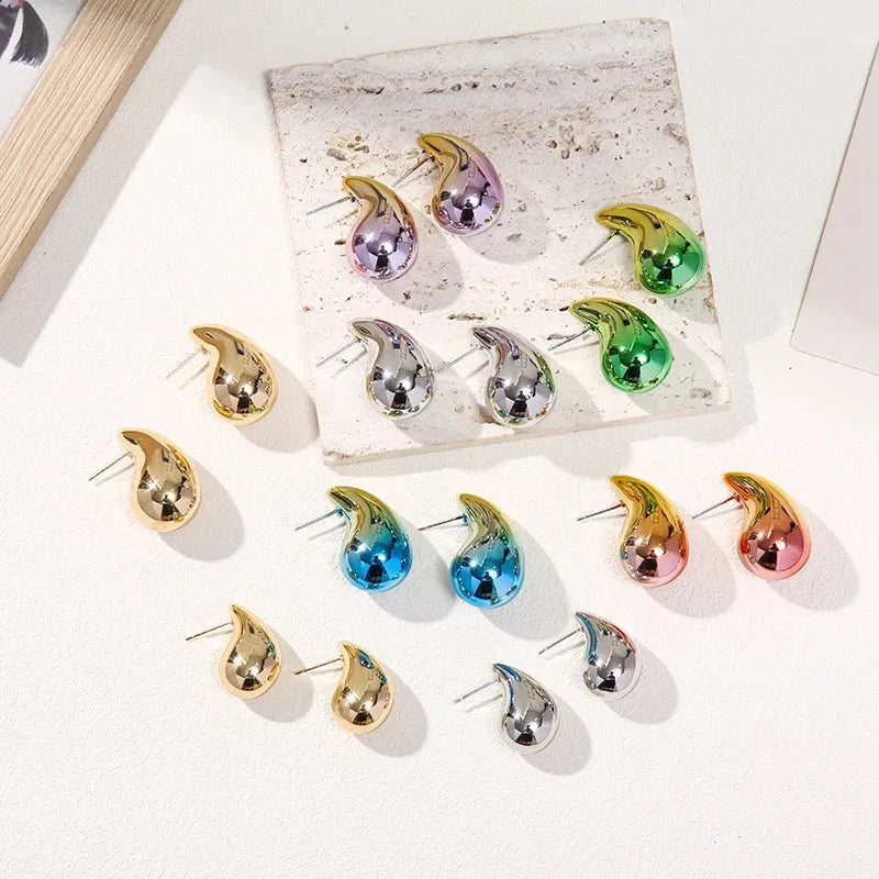 New 2PC/set Gradient Waterdrop Hoop Earrings Dupes for Women Thick Metallic Colorful Tear Drop Earring Lightweight Jewelry Gifts